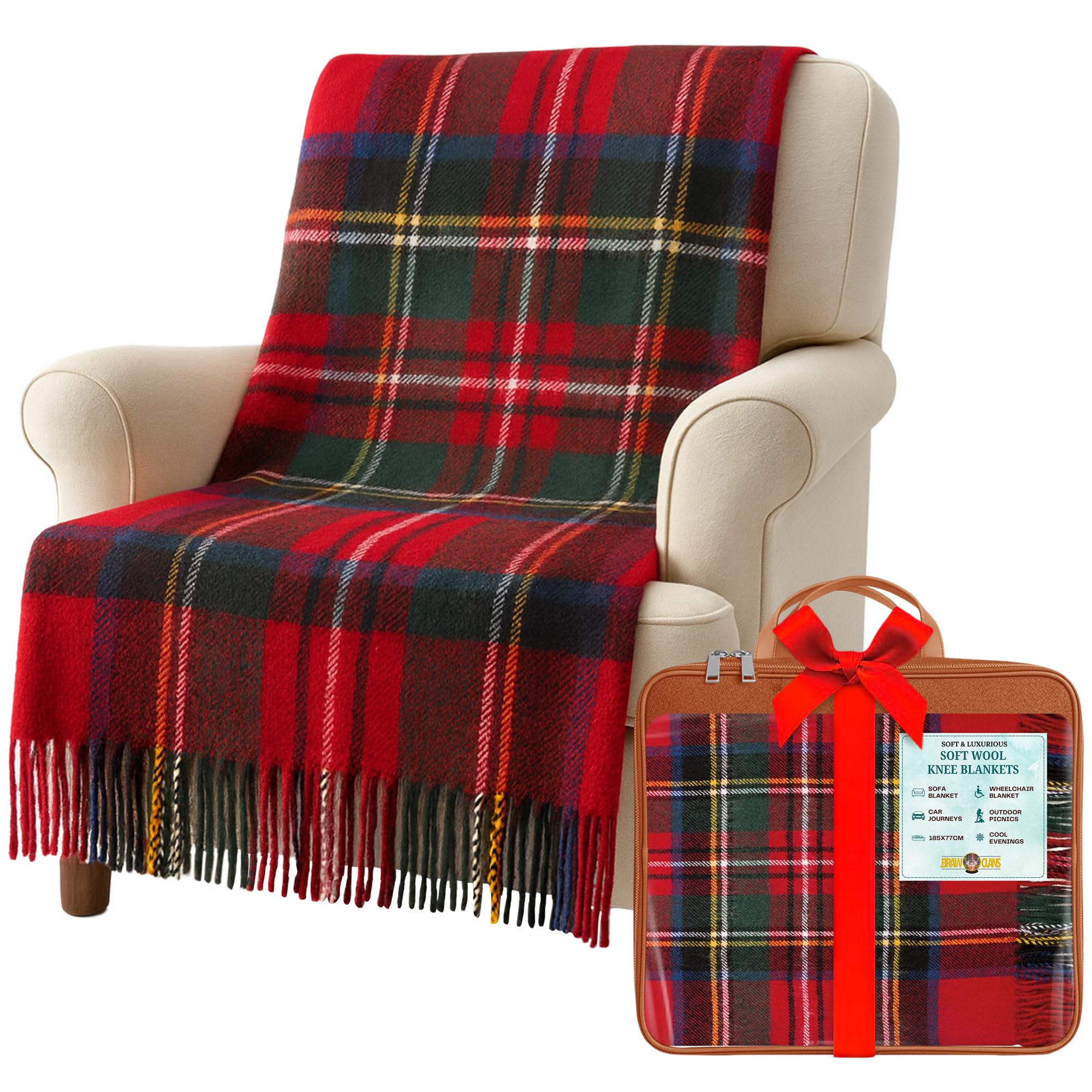 Couverture en Laine Douce à Carreaux Tartan - 185 x 77 cm - Motif Tartan écossais avec Franges - Couverture Chaude pour canapé, Voyage et Voiture pour la fête des mères ou Noël
