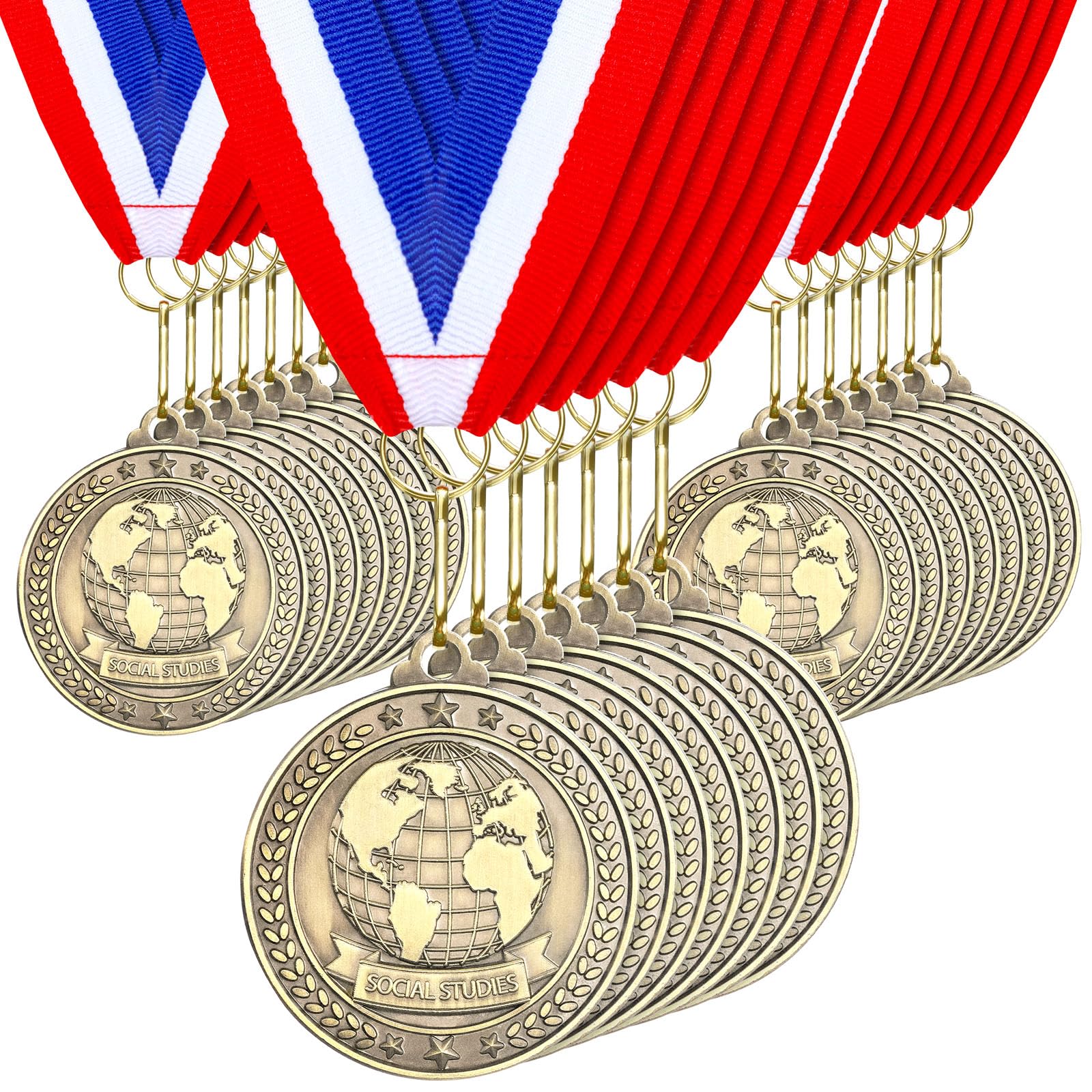 Quelay 30 medallas de premio de 2 pulgadas, medallas de oro a granel con cintas para el cuello, trofeo de metal, regalo para torneos, competiciones, fiestas, niños y adultos (estudios sociales)