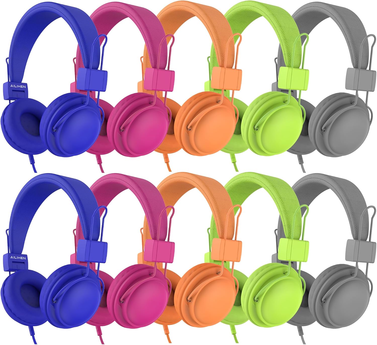 AILIHEN Kids Headphones Wired Bulk 10-Pack for K-6 School & Classroom, with Microphone, 85dB Volume Limit, Shareable, Foldable, 3.5mm Jack for Chromebook, Computer - Multicolor