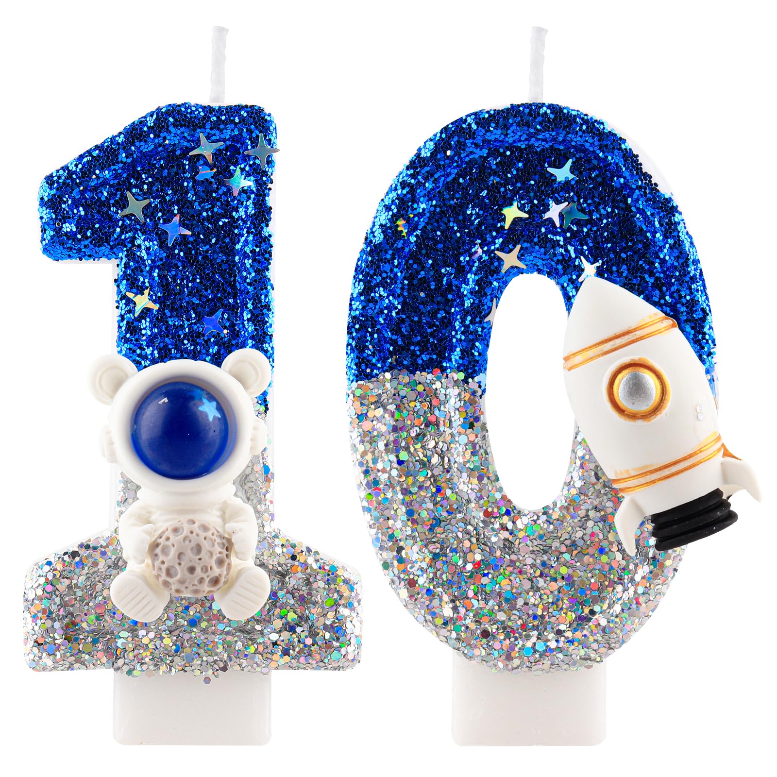 10th Birthday Candle Glitter Space Astronaut Number 10 Candles Blue Silver Cake Topper Decorations Happy Birthday Candle for Girls Boy Anniversary Party Supplies