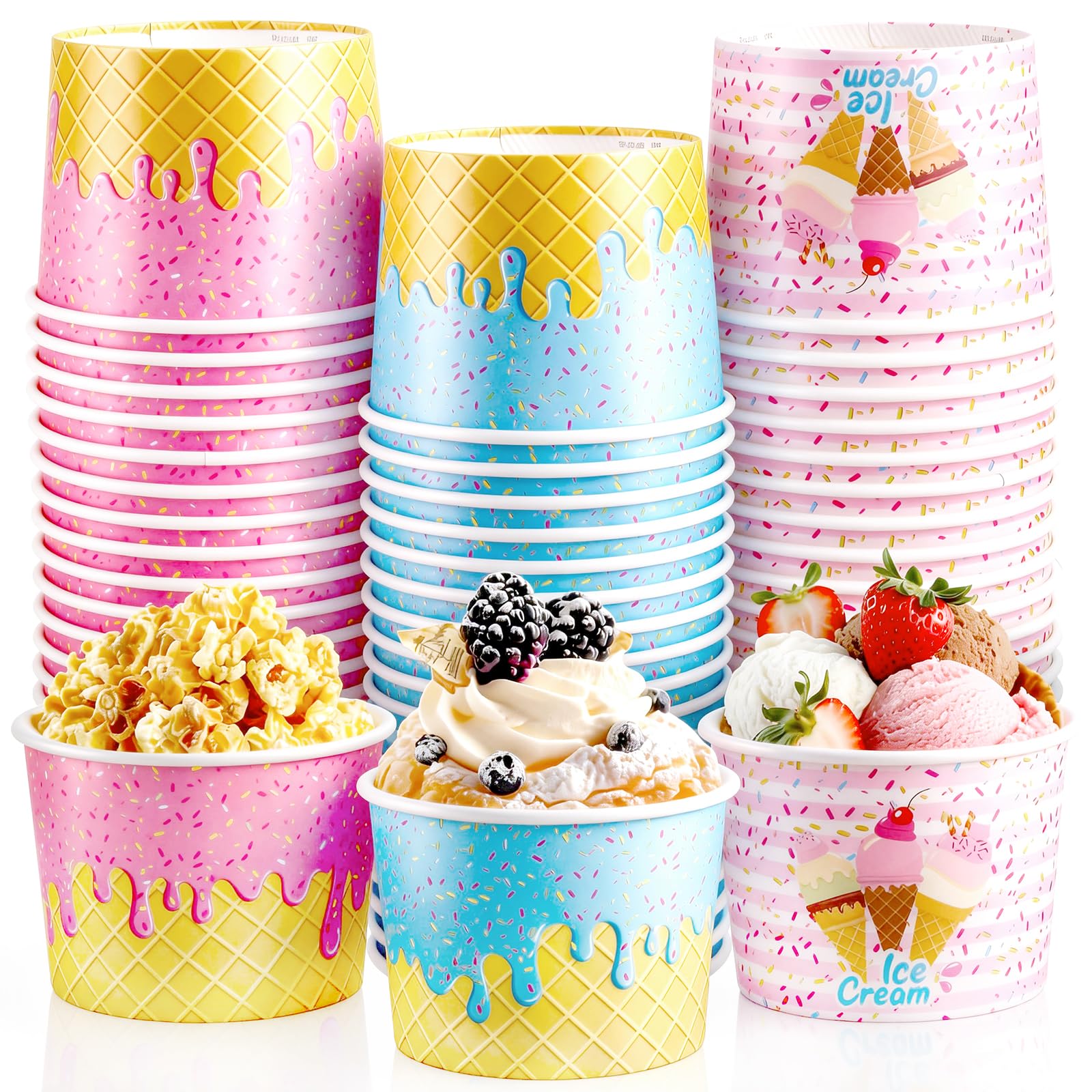 REDWORD 60PCs Ice Cream Bowls, 9oz Ice Cream Containers Disposable Paper Bowls Sundae Cups Dessert Soup Containers for Ice-cream Party Decorations Summer Party Decorations