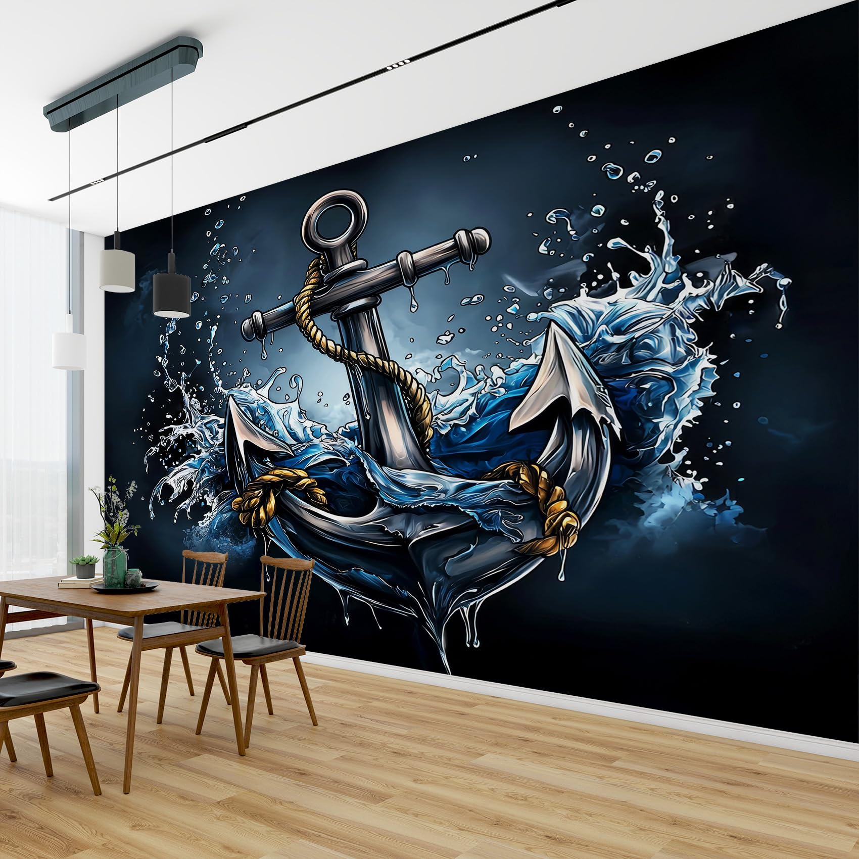 Fototapete Anker Schlafzimmer, 3D Tapete Nautisch, Vliestapete Schwarz Blau, Tapeten Wohnzimmer Muster, Meer Maritime Segeln Wand Deko Kinderzimmer, Wandtapete, Mustertapete 416x254 cm