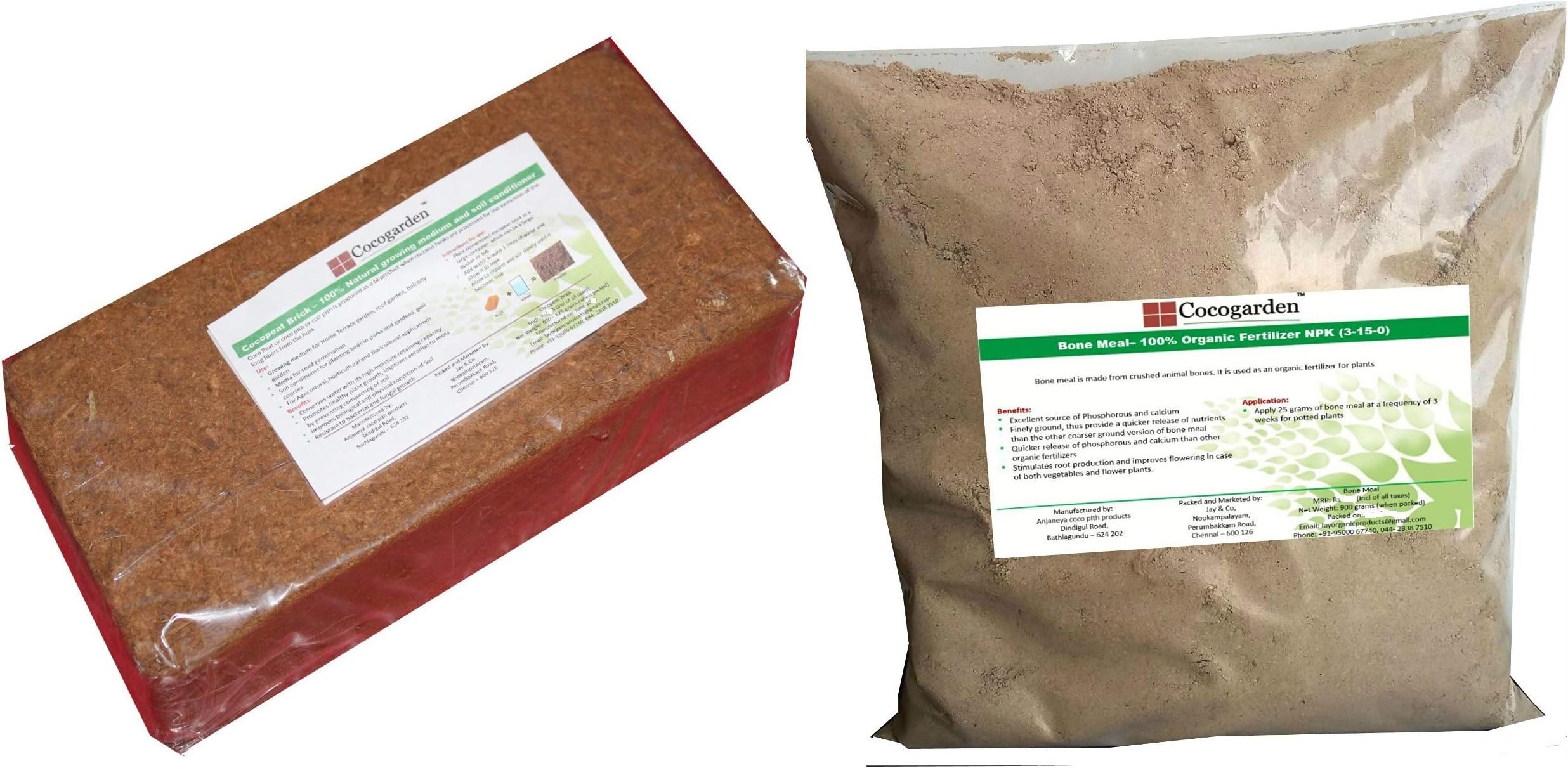 Cocogarden Cocopeat Brick - Expands to 3.5 Kg Powder & Cocogarden Steamed Bone Meal- Organic Npk(3-15-0) Fertilizer - 900 GMS