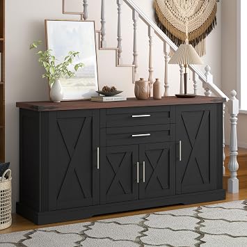 63" Farmhouse Buffet Sideboard Cabinet with Storage, Large Accent Kitchen Credenza Cabinet with 2 Drawers & 4 Doors, Wood Coffee Bar Station with Adjustable Shelves for Dining Room,Living RoomBlack