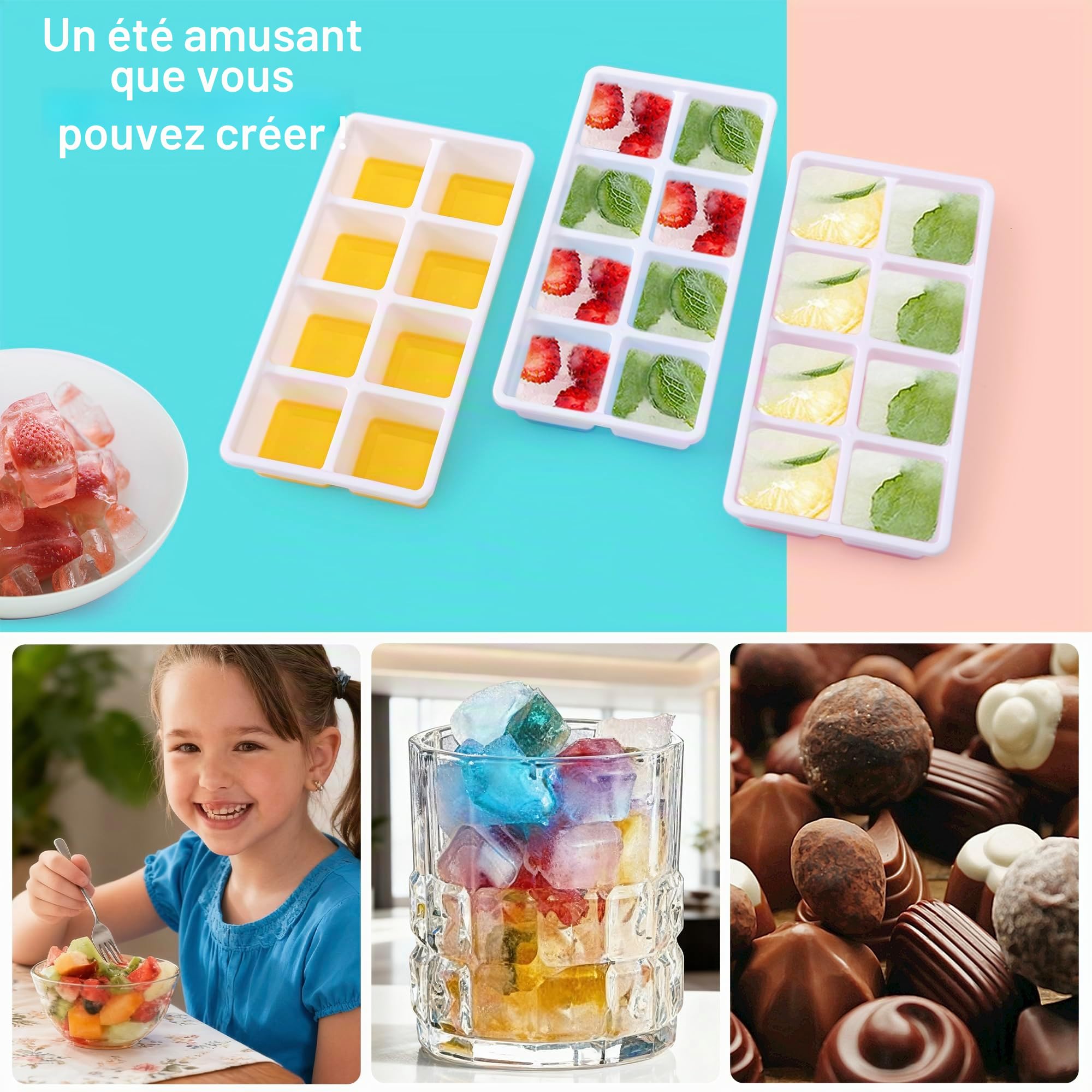 Moules à Glaçons en Silicone avec Couvercle, 3 Pack, Empilable, Forme Sûre pour Cocktail, Whisky, Café (Rose+Jaune)