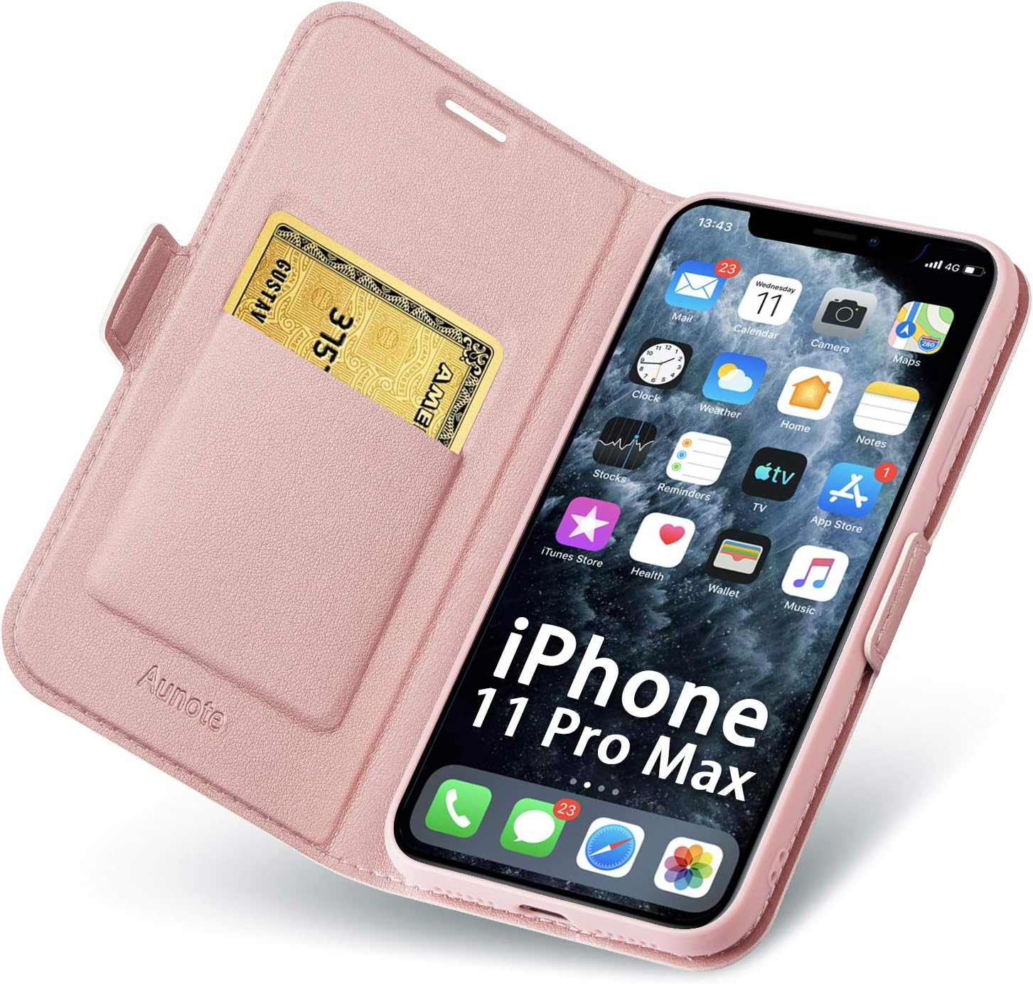 Aunote Case for iPhone 11 Pro Max, iPhone 11 Pro Max Phone Case, Slim Flip/Folio Cover โ Wallet Style: Made of PU Leather Shell (Lightweight, Feels Good) and TPU Inner - Full Protection. Rose Gold
