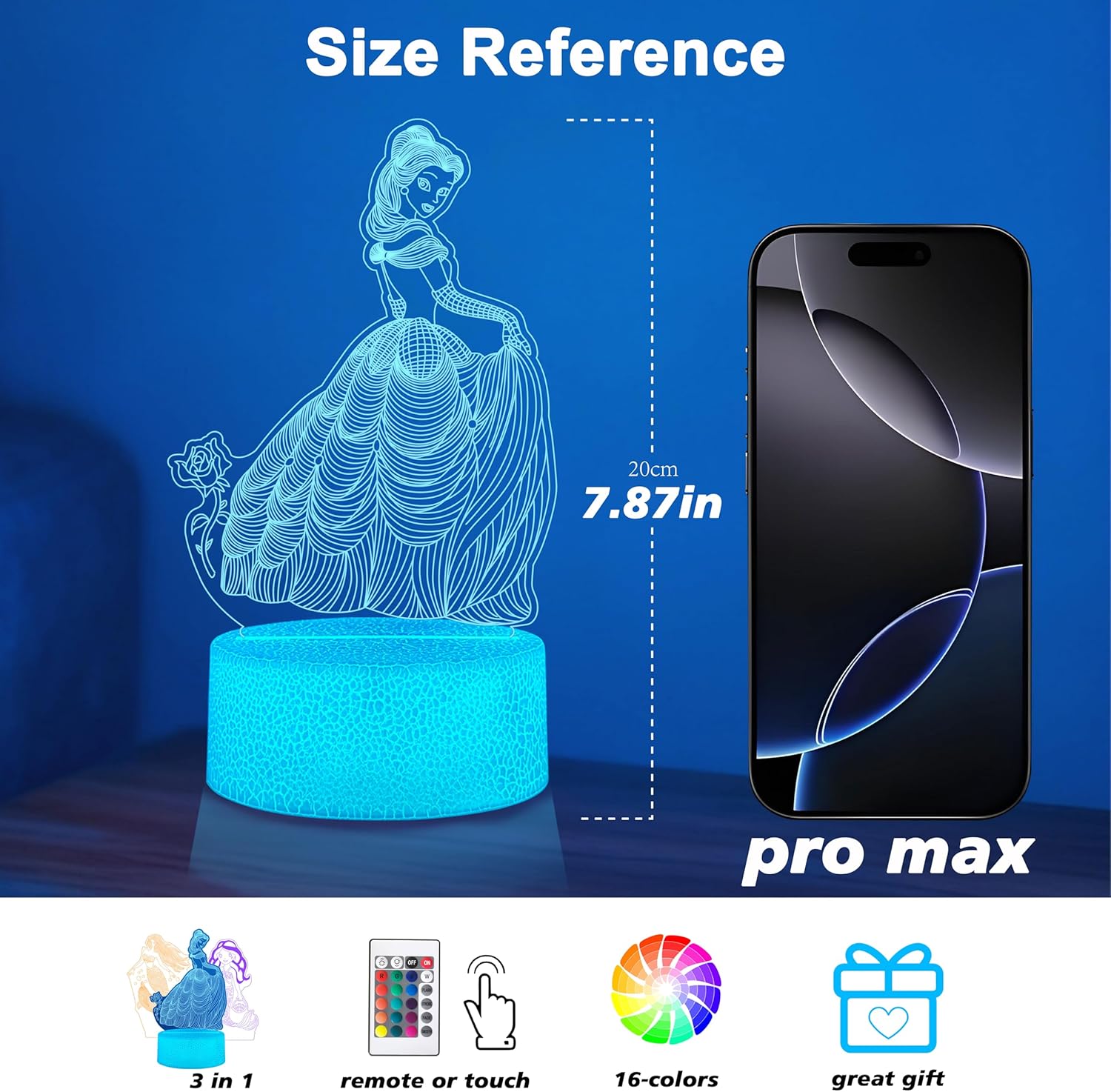 Princess 3D Night Light with Remote - 3 in 1 Interchangeable Acrylic Panels, 16 RGB Colors 4 Modes, USB/Battery(Not Included), Christmas Gift for Girls, Princess Bedroom Decor