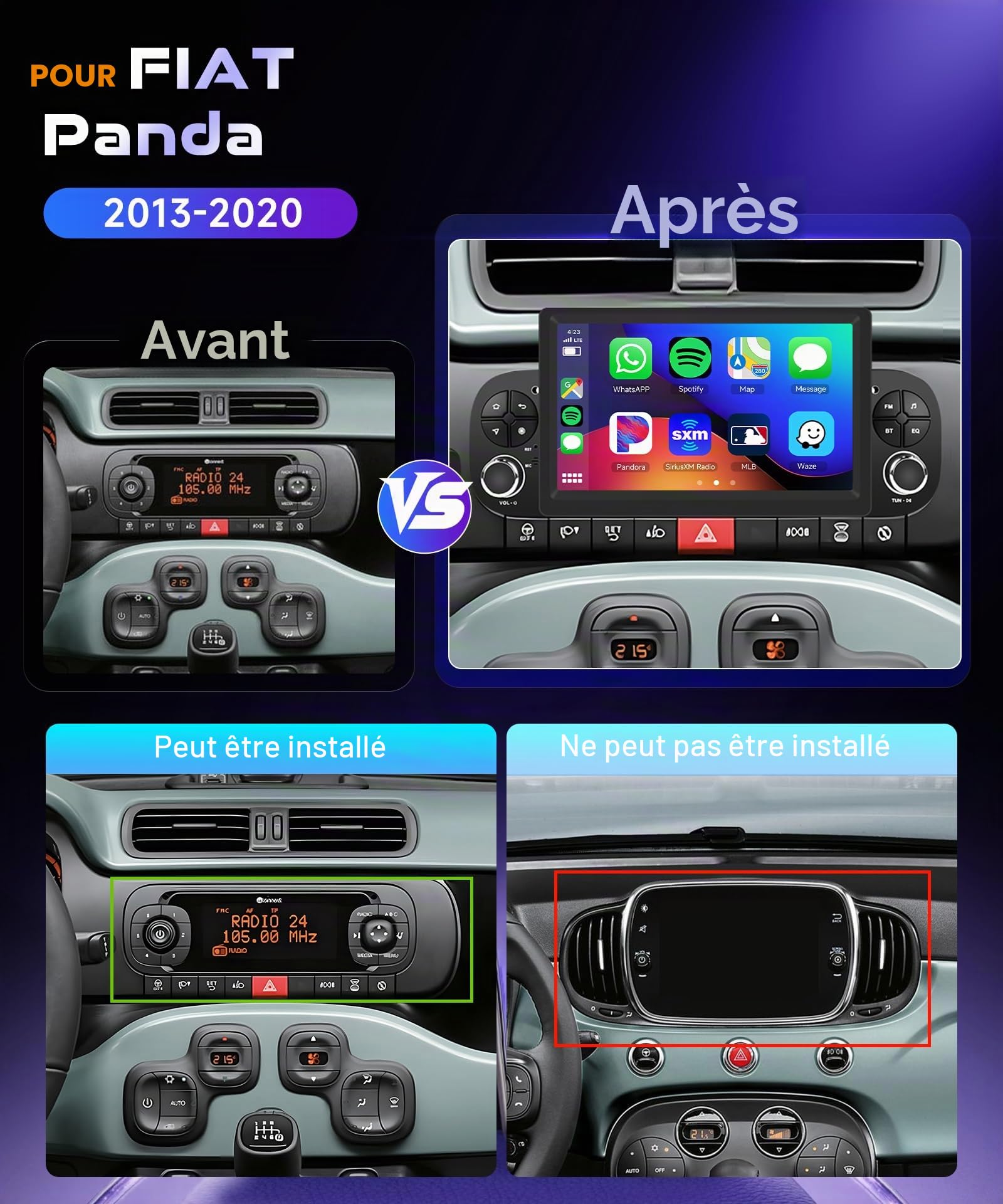 4G/64G VECHTEL 7" Autoradio Bluetooth pour Fiat Panda 2013-2020,Android 15,Carplay Android Auto,DSP,EQ,WiFi GPS,Mirrorlink,RDS/FM Radio 2 Din Con caméra de recul AHD