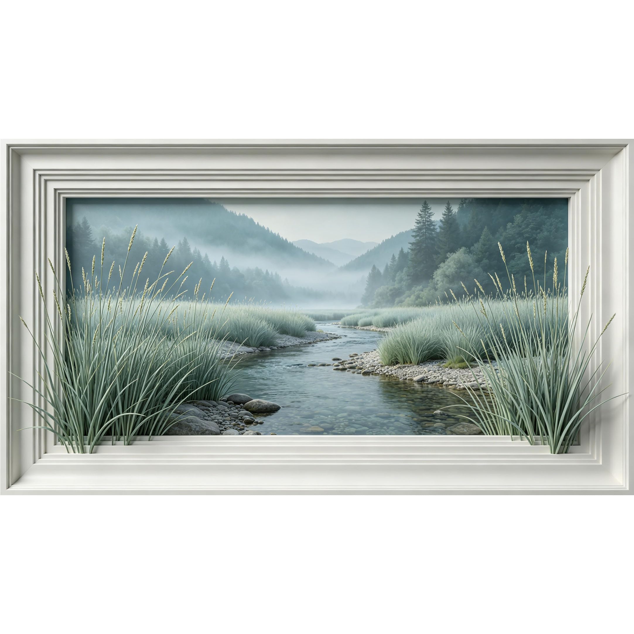 QZLITHOTIC 50×90cm3D Framed Wall Art， Misty Mountain River Landscape SelfActivated Mural， WaterActivated Peel & Stick Fabric Decor Wall Decal for Bedroom Living Room