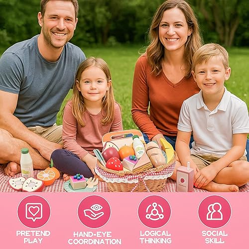 Miniatura 6 de Juego de cesta de picnic de madera con comida de juego realista, accesorios de cocina para niños pequeños de 3 a 8 años, comida de madera para