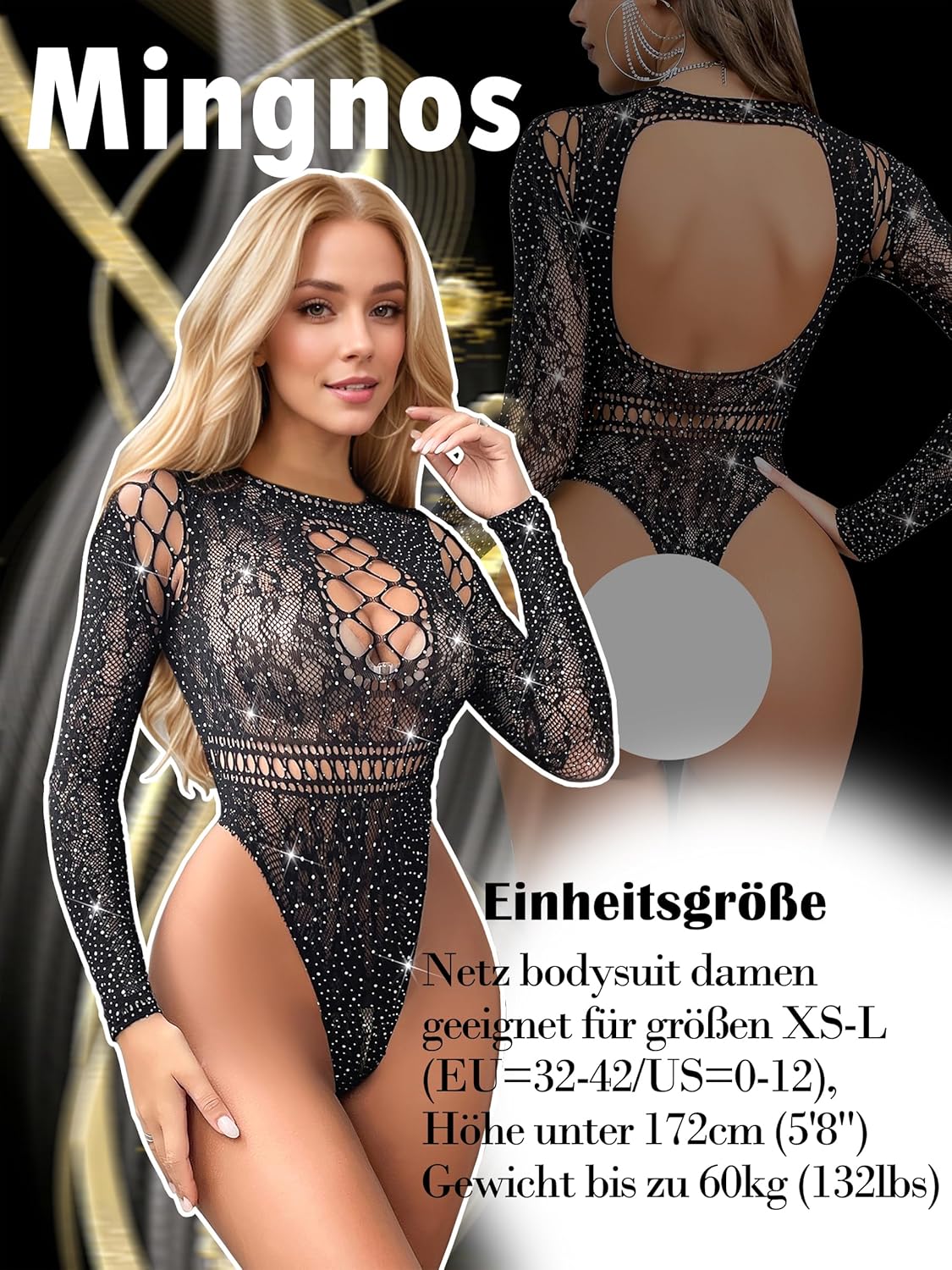 Mingnos Sexy Glitter Fishnet Bodysuit for Women Long Sleeve Festival Rave Outfit Mesh Tops - Image 7