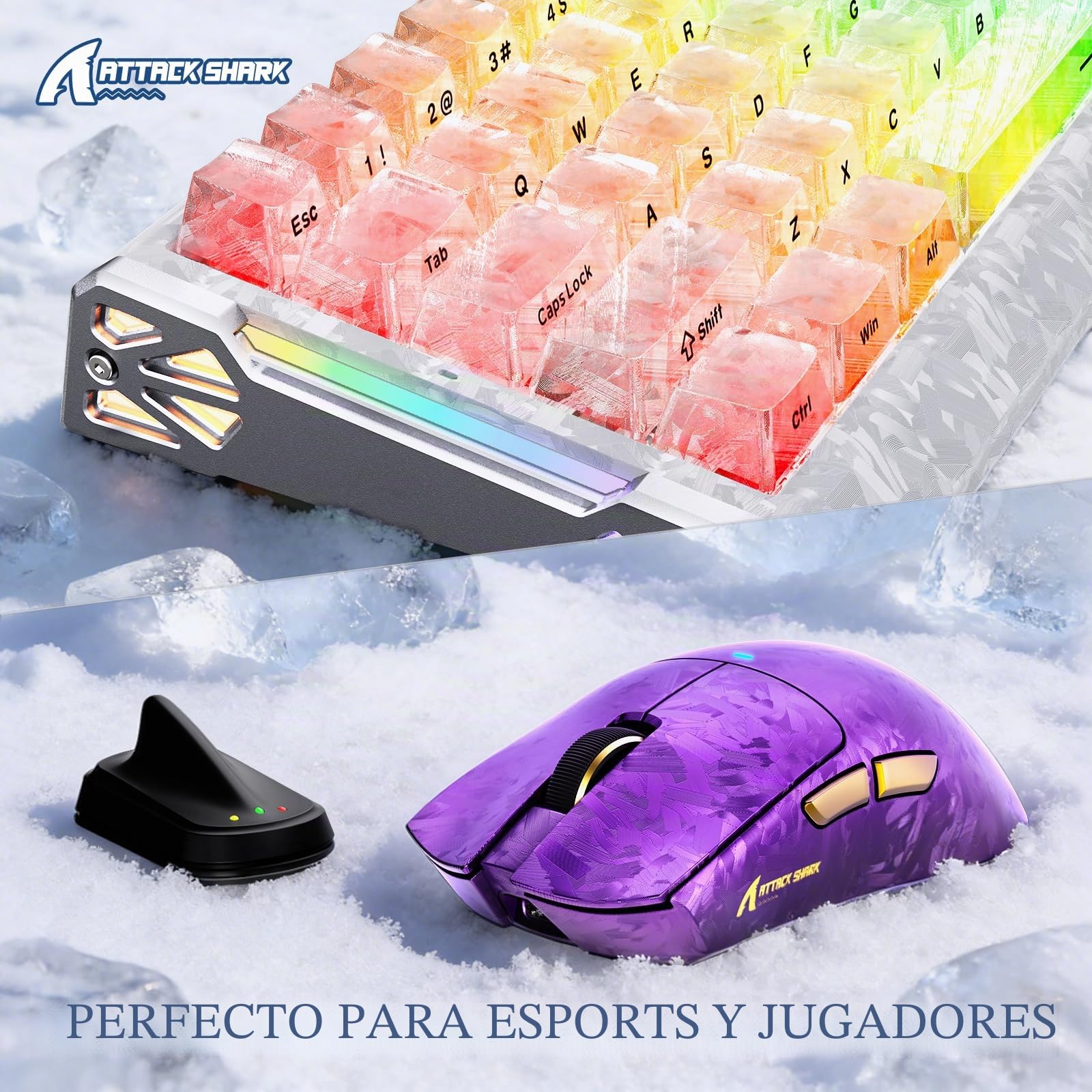 Teclado magnético con Cable para Juegos de 8000Hz con gatillo rápido de Fibra de Carbono, Intercambiable en Caliente; ratón inalámbrico PAW3950 Tri-Mode de 42000DPI y Cable USB-C en Espiral con RGB