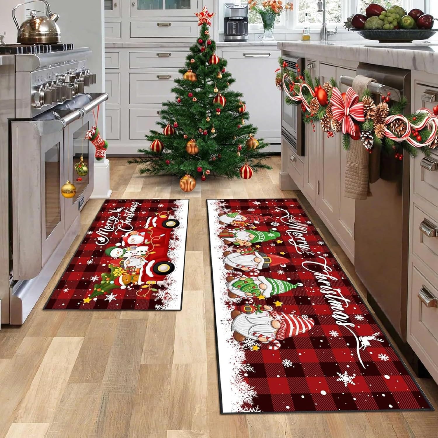 Christmas Kitchen Mat Set, Merry Xmas Indoor Floor Mats for Decorations 17"x47"+17"x23"