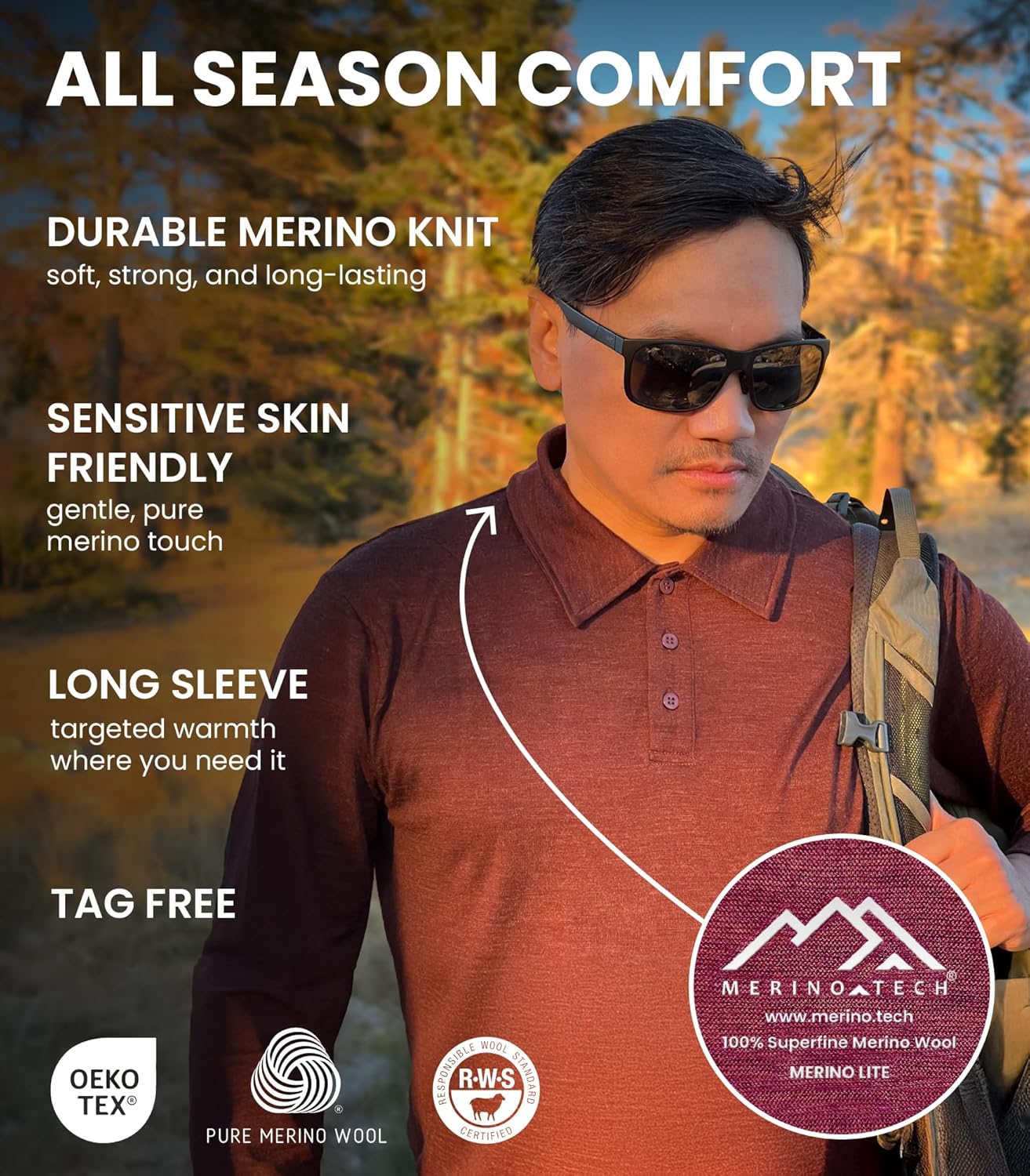 Merino Wool Polo Shirt Men - Anti-Odor 100% Merino Wool Shirts for Men Short Sleeve and Long Sleeve Breathable Polo - Image 4