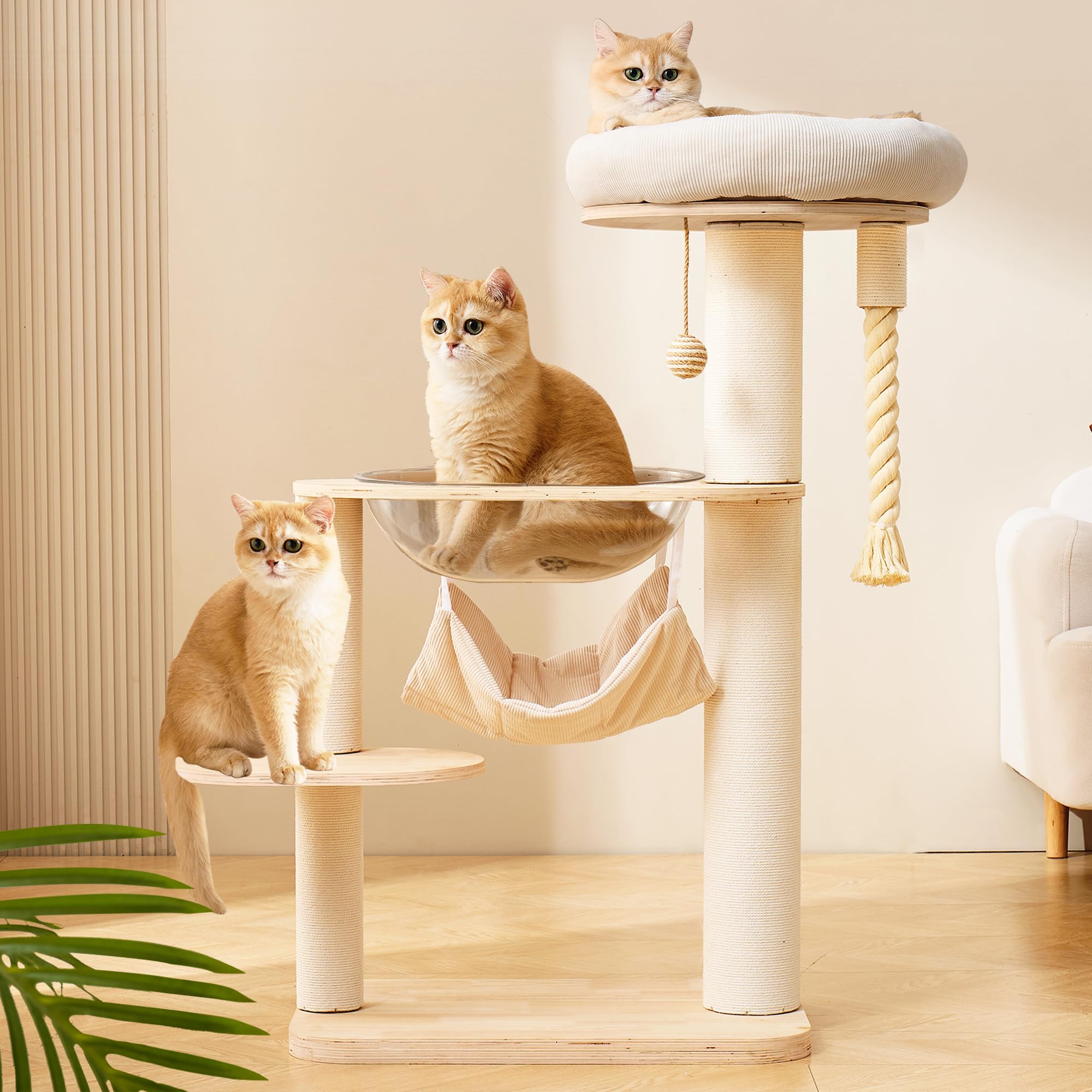 Modern Cat Tree Tower with Hammock for Indoor, Multifunctional 41-in Spacious Cat Tower with Bed, Space Capsule, Dangling Ball, Interactive Rope, Scratching Post