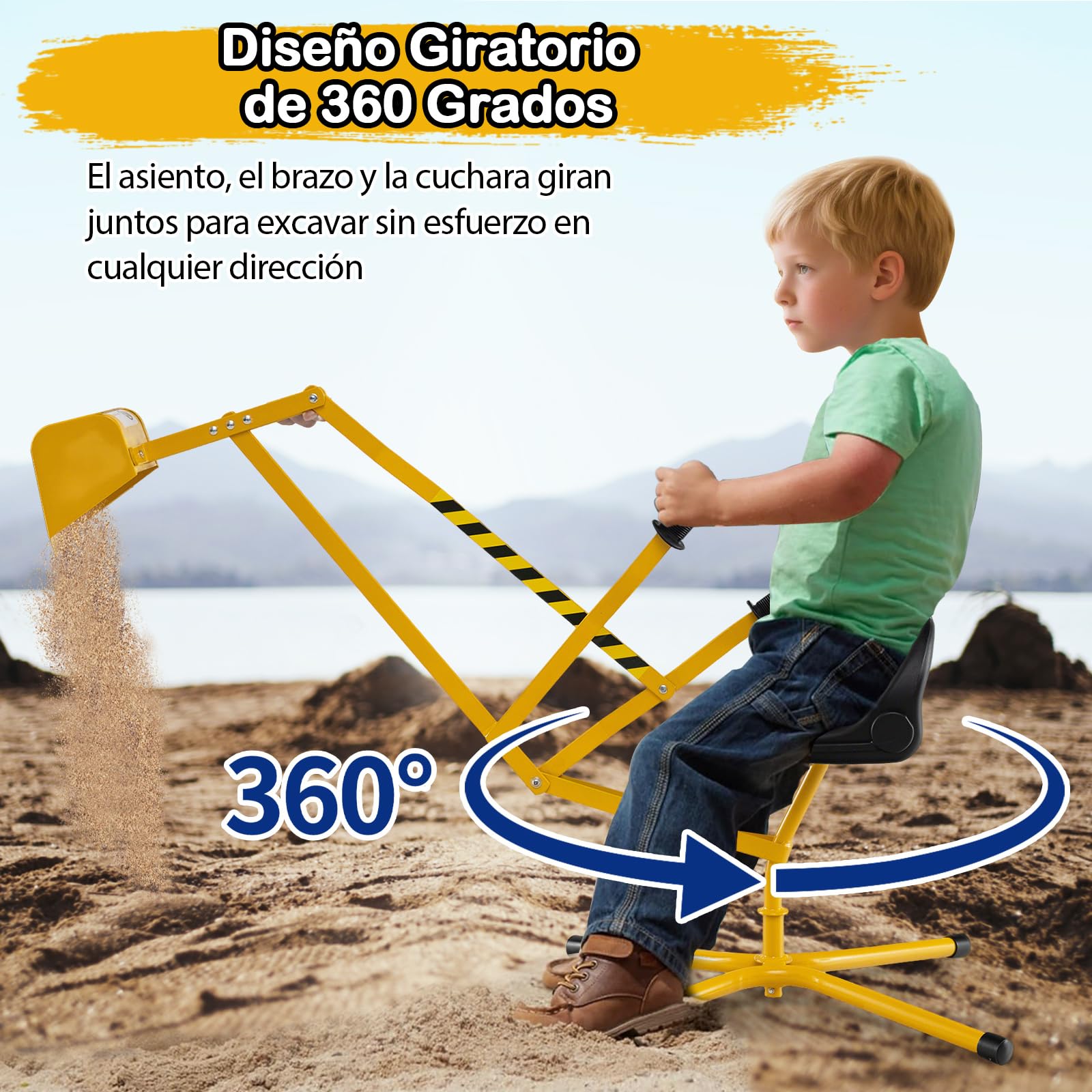 GOPLUS Juguete Excavadora para Niños con Base Giratoria de 360°, Juguete Construcción para Arenero Controles con Dos Manos, para Arena Tierra Nieve, Excavador Metálico para Niños de 3+ Años (Amarillo)