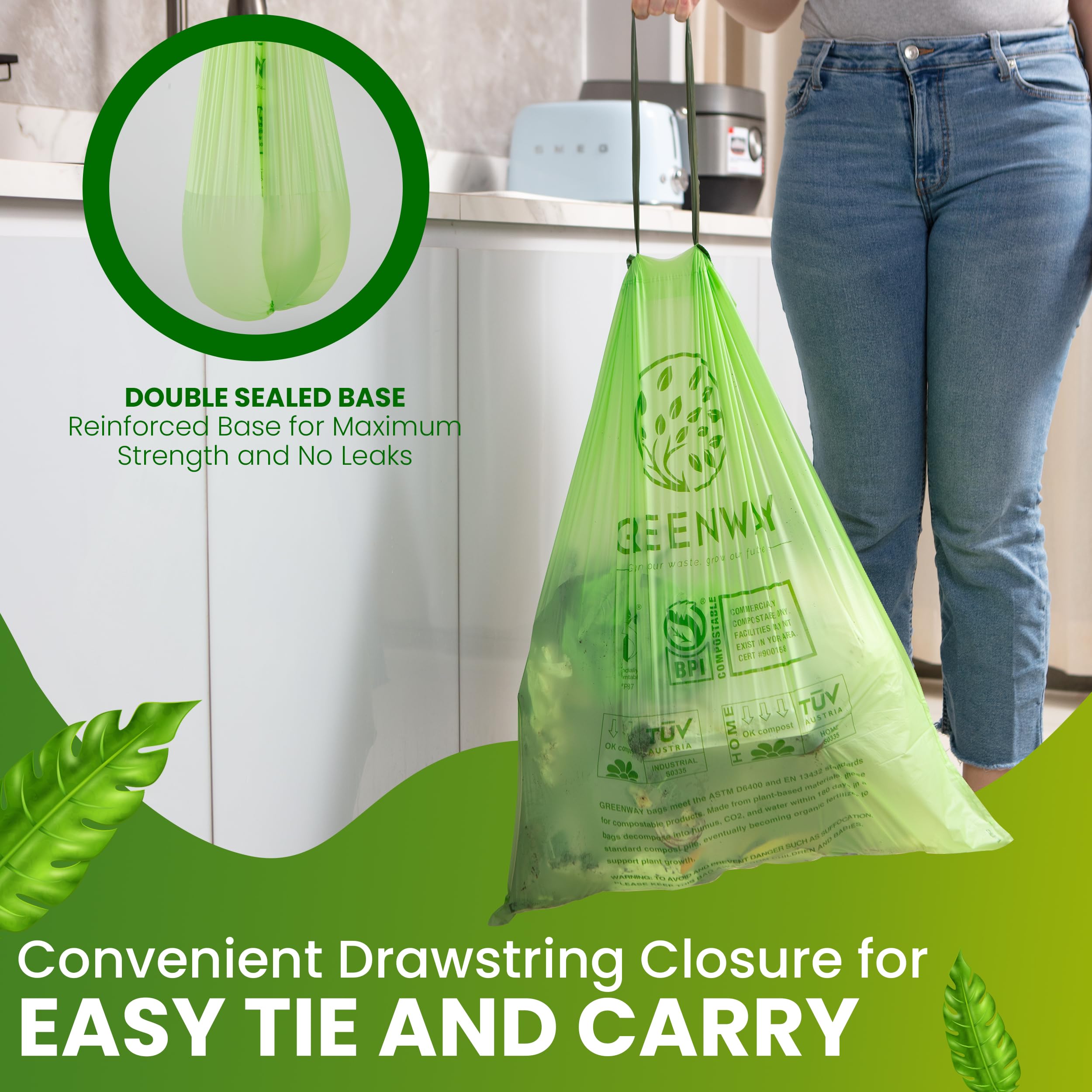 GREENWAY Bolsas de basura compostables de 13 galones, con cordón, 50 bolsas, resistentes, extragruesas de 0.90 mil, 50-65 litros, compatibles con contenedores Code Q, bolsas altas de chatarra de