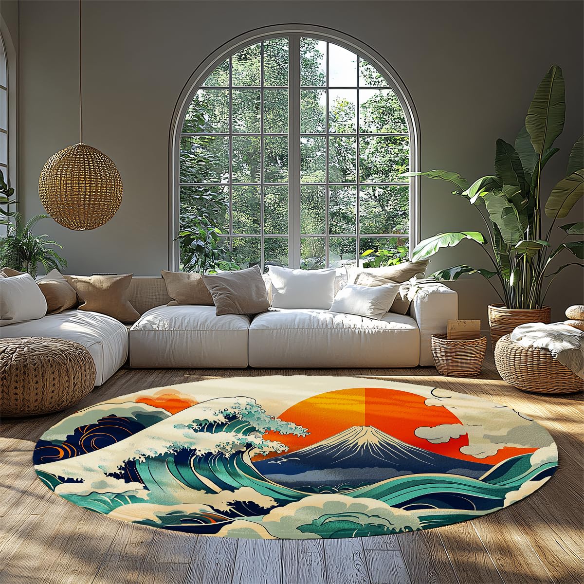 Tapis océan bleu sarcelle lever de soleil orange rond 180 cm lavable chambre