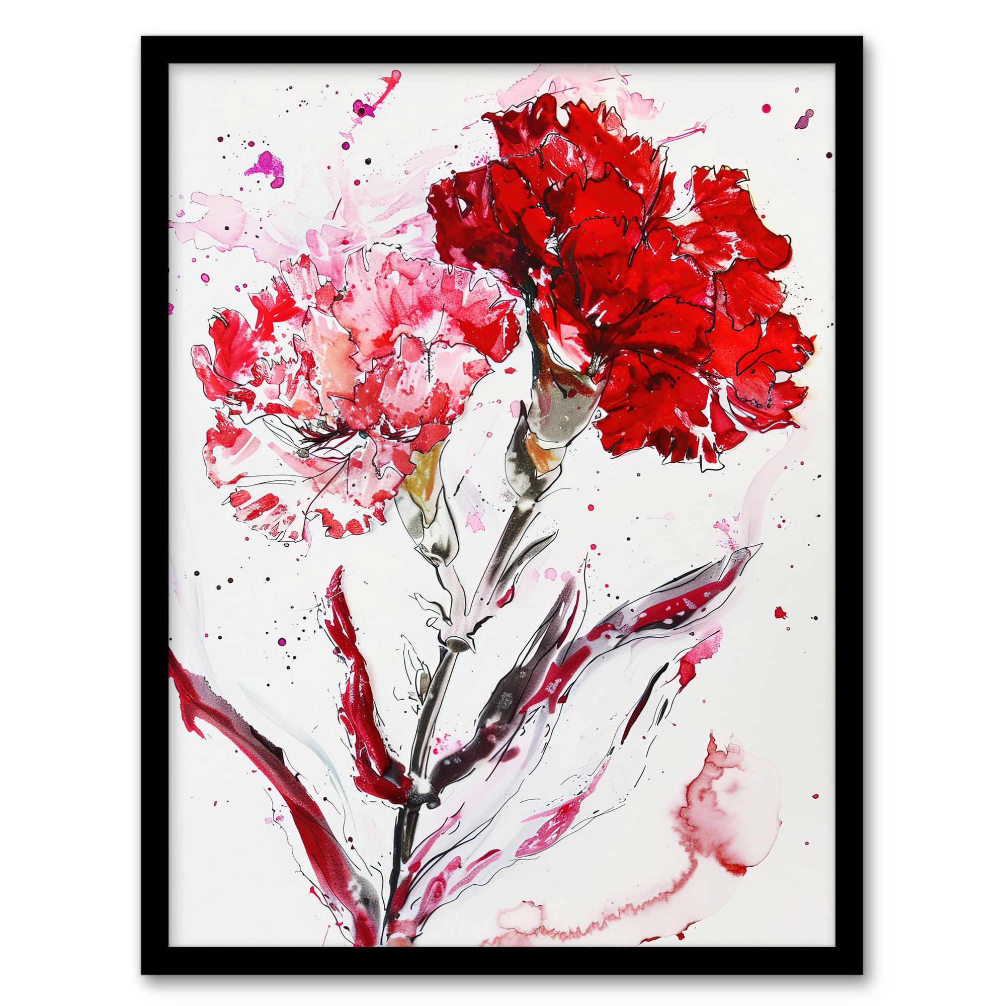 Artery8 Red Carnation Flower Abstract Watercolour Living Room Artwork Framed Wall Art Print A4