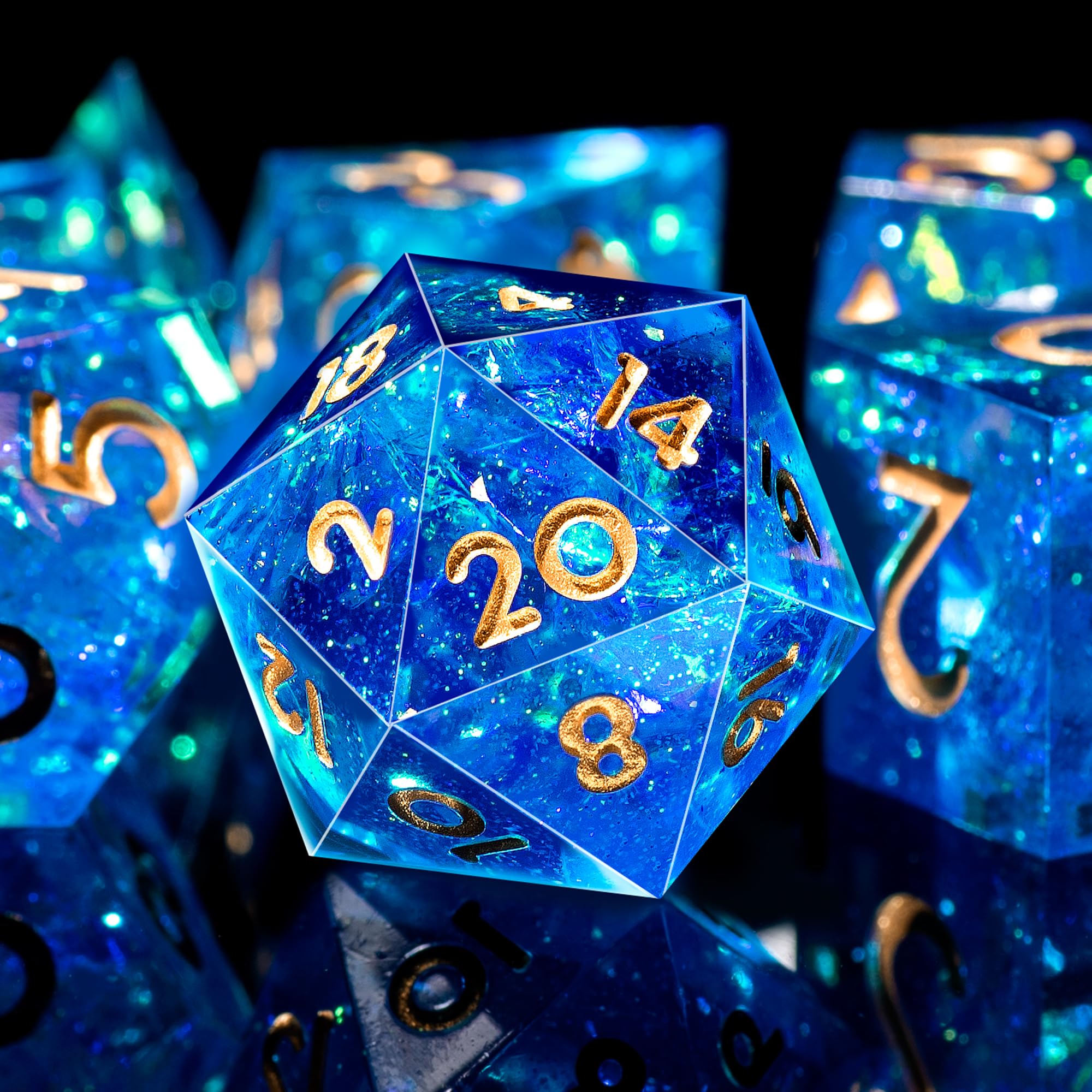 SIQUK 7 Piezas Set Dados DND Poliedricos Juego de Dados Poliédricos 7-Die DND Dice D4 D6 D8 D10 D12 D20 D% para D&D RPG MTG Dungeons and Dragons (Azul & Oro) - 5