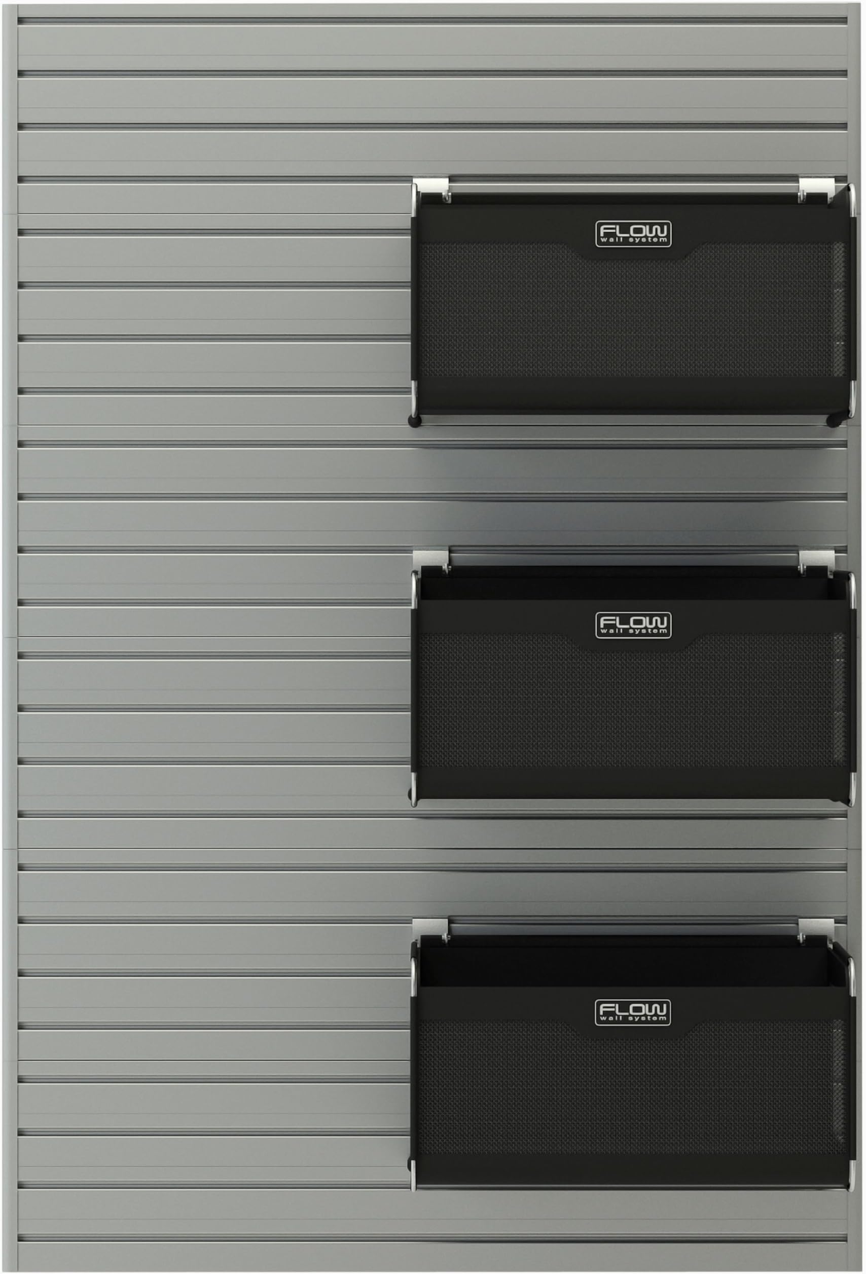 Flow Wall 4 Piece Slatwall Panel and 3 Soft Bins Storage Set, For Garage Organization Systems, Laundry Room, Kitchen, Toolsheds, Silver Slatwall
