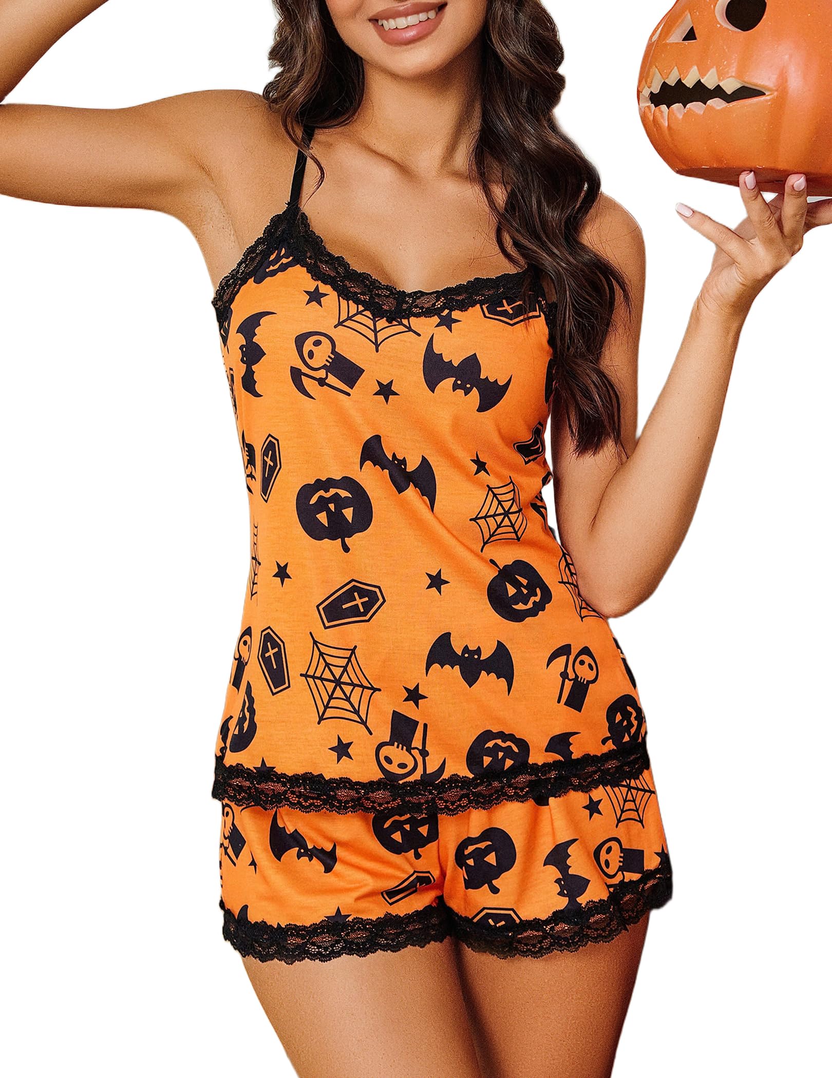 Avidlove Lace Trim Cami Modal Pajamas for Women Set 2 Piece Sexy Pj Set Medium Halloween Orange