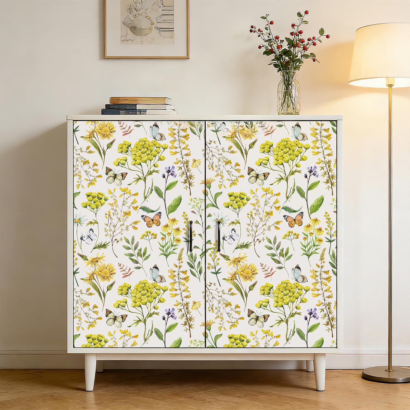 Decotalk Papier Peint Adhésif Mural Motif Papillon et Fleurs 44.5cmX900cm Vinyle Adhésif Jaune Adhesif Mural Decoratif Salon Chambre Vinyle Adhesif Fleurs Film Autocollant Meuble Armoire Mur