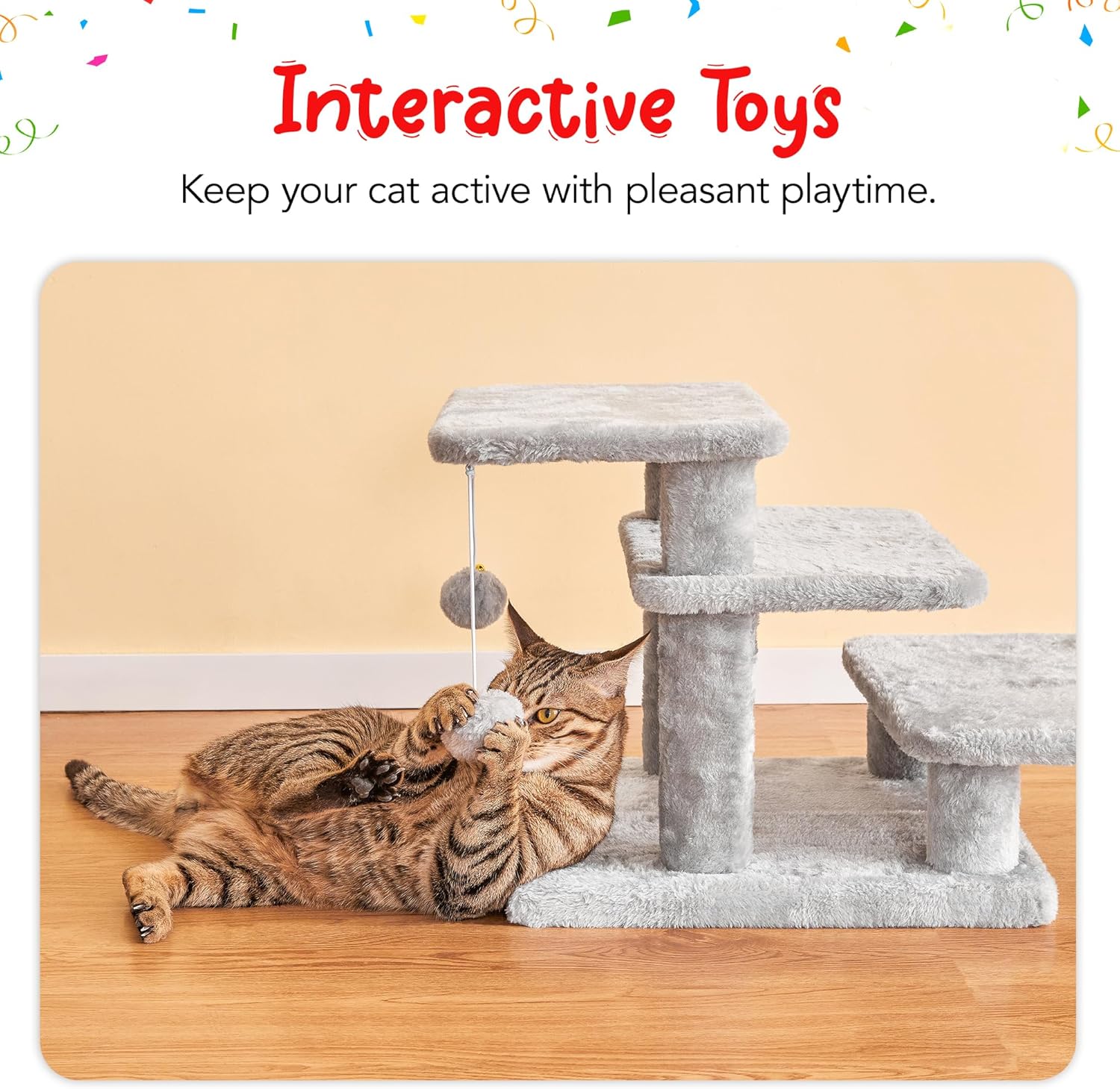 15''H Multi-Step Pet Stairs for High Beds & Sofas, 3-Step Cat Stairs with 2 Toy Balls, Wide Boards for Indoor Kittens Dogs Pets Climbing, Light Grey