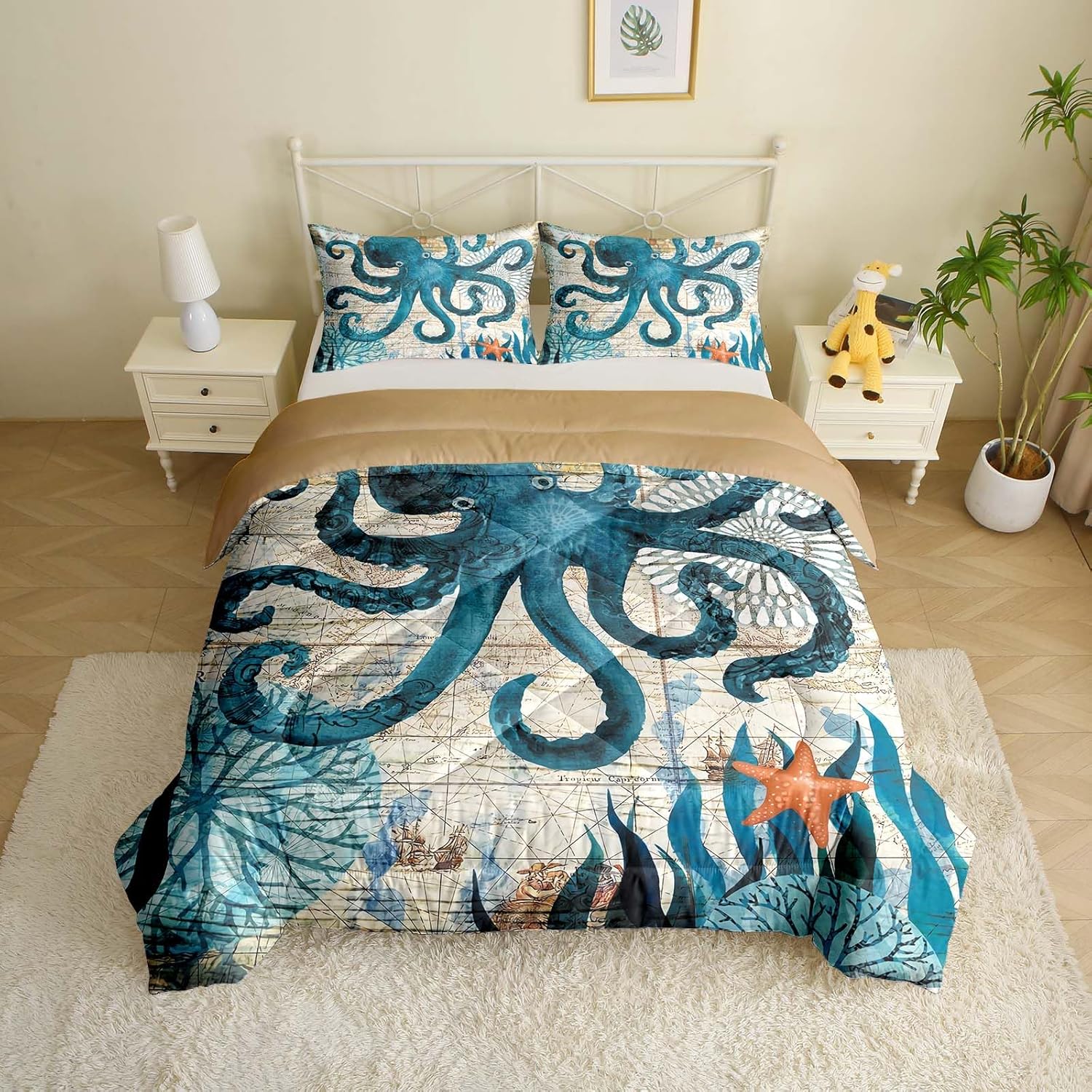 MUSOLEI Ocean Comforter Set Queen Size Four Seasons Quilt Kids Octopus Bedding Collections Soft for Teen Boys Turquoise Ocean Themed Mediterranean Style Printed Quilt Set Kids Gift