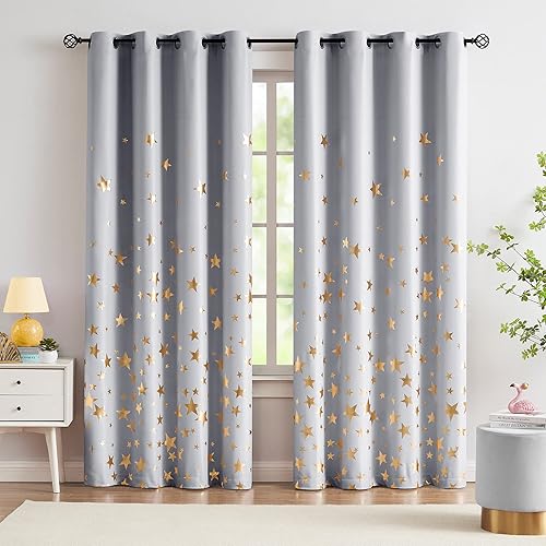 Cortinas opacas de estrellas grises y doradas para dormitorio de niños, aislamiento térmico, estampado de estrellas metálicas, paneles de cortina