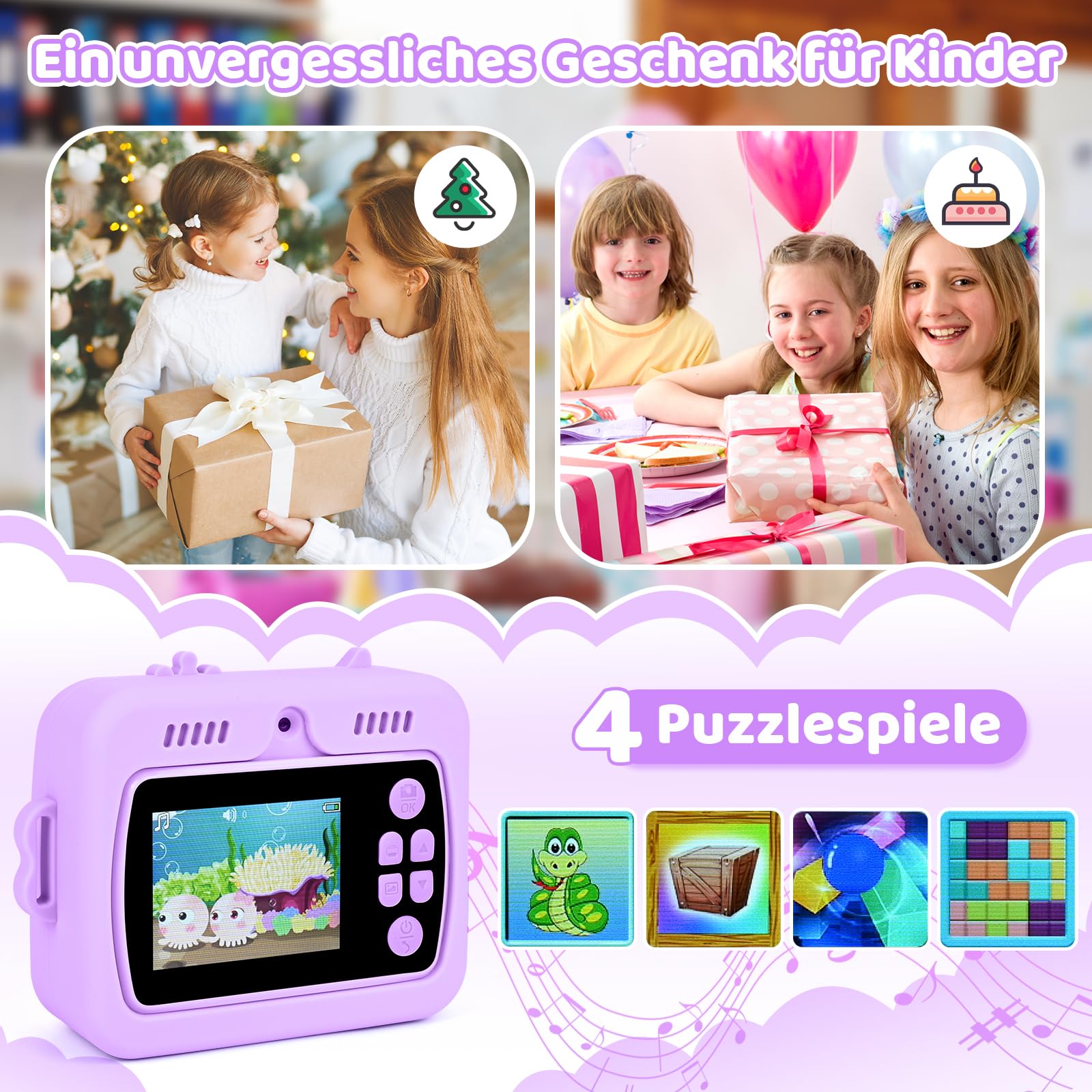 GuKKK 1080p aparat dziecięcy, aparat cyfrowy z ekranem 2,4", dla dzieci, z kartą 32 GB, 13 rolek papieru do drukowania, 5 kolorowych długopisów, prezent (Fioletowy)