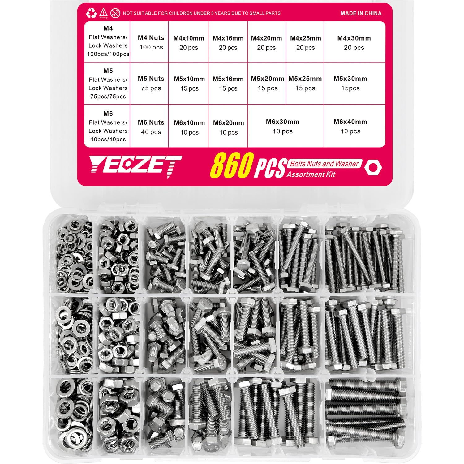 Assortiment de 860 boulons métriques en acier inoxydable 304, boulons et rondelles M4 M5 M6, 14 tailles les plus courantes