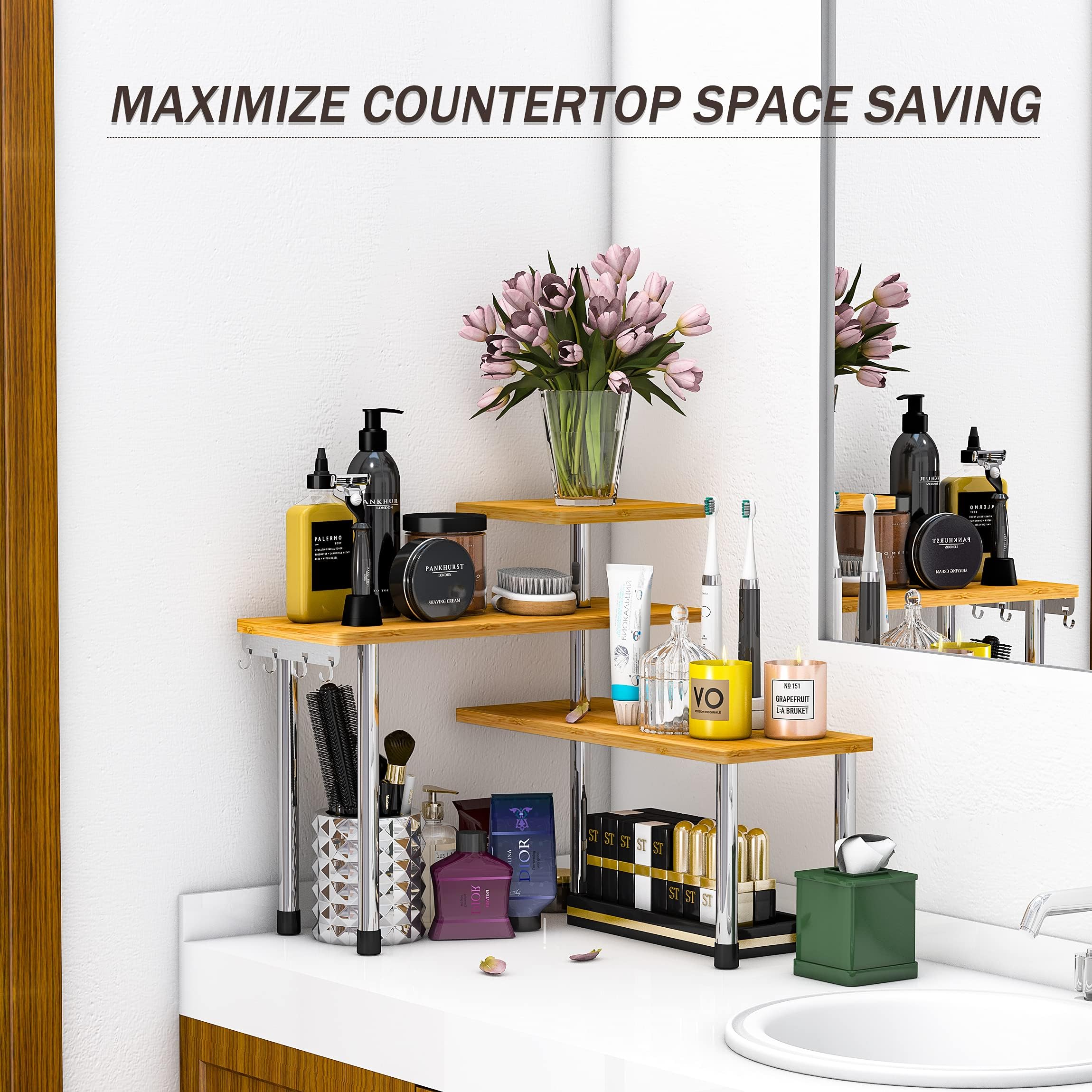 Porta Spezie Per Cucina Portaspezie da appoggio Mensola Angolare cucina Appoggi Corner Spice Rack Organizer in Bambù 3 Ripiani con 4 ganci laterali