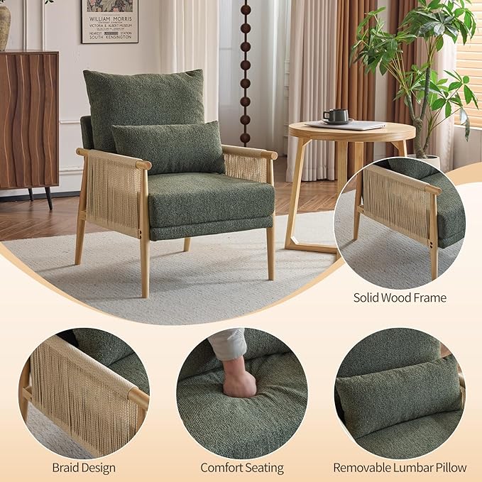 Sillón Lounge Moderno Tapizado Chenille Verde con Cojín miniatura 4