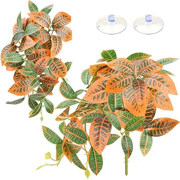 QUOZUO 2 Pack Reptile Plants, Artificial Hanging Plants with Suction Cups, Habitat Decor Plastic Vines Decorations for Bearded Dragons Lizards Snake Geckos Frogs -Gold