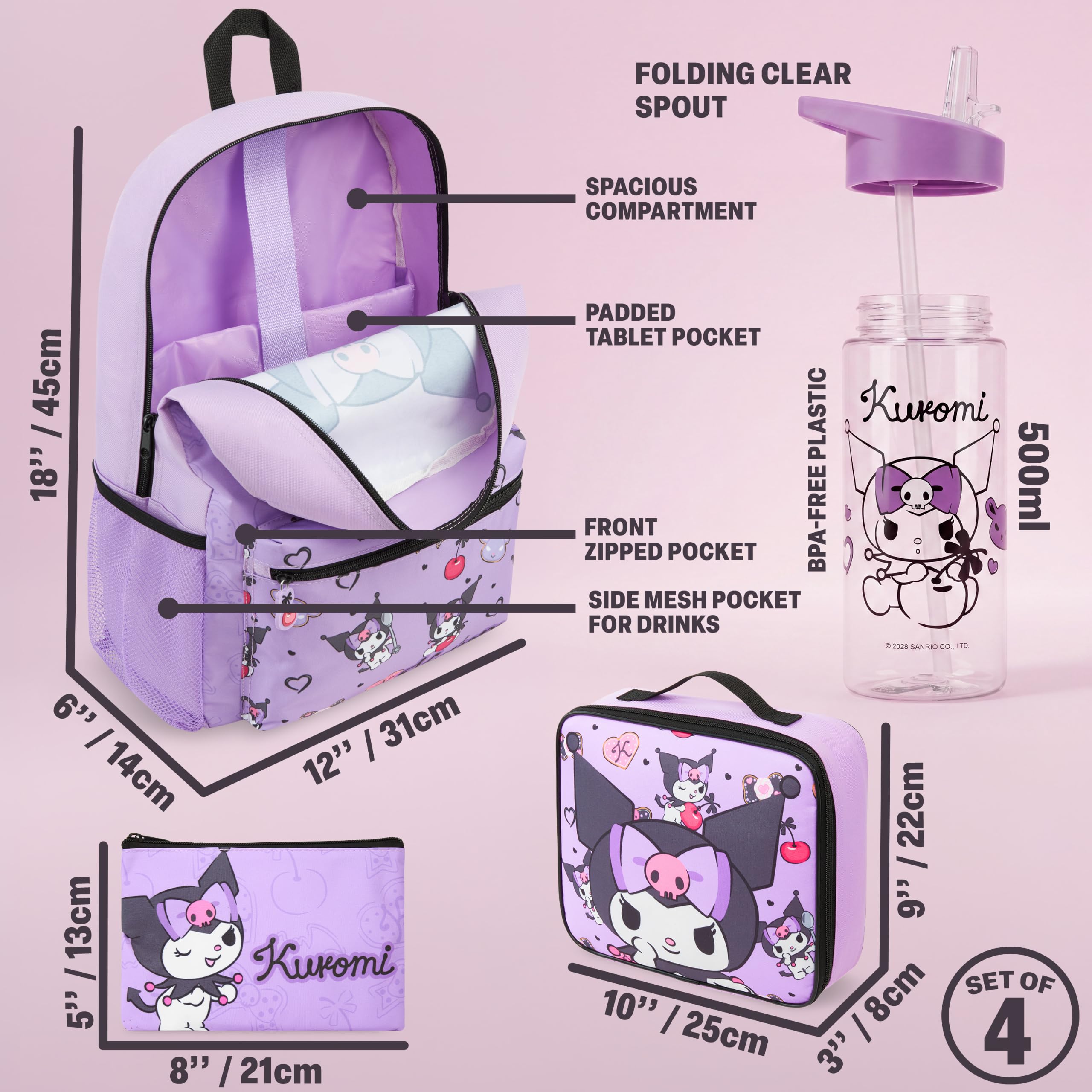 Get Trend Hello Kitty Kuromi Sac a Dos Fille Set, 4Pcs Grand Cartable, Trousse Scolaire, Sac Isotherme Repas et 500ml sans BPA Gourde Air Up (Violet Kuromi)