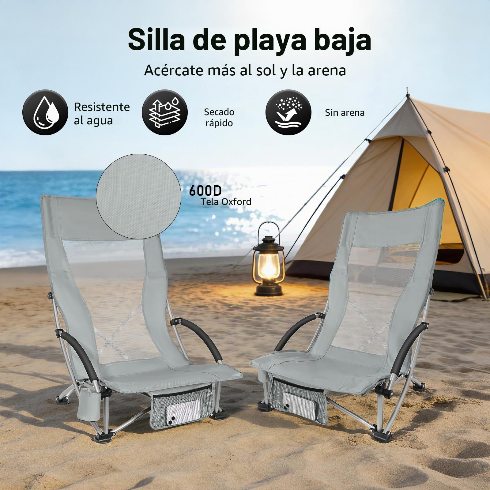 WildFun 2 sillas de playa plegables bajas, ligeras y portátiles, con respaldo alto, soporte para bebidas, soporta hasta 180 kg, para viajes, exteriores, barbacoas, pícnic, festivales (2 unidades, gris