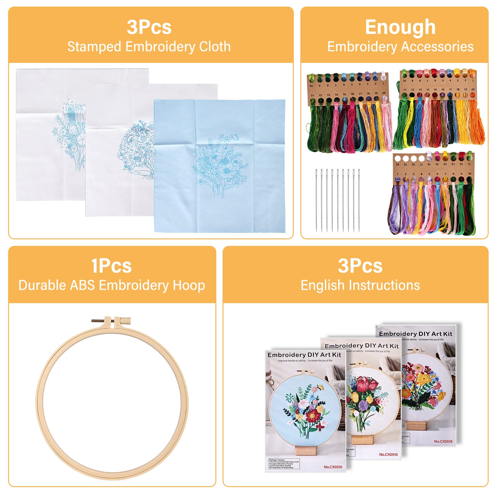 Kit Broderie Débutant QEEYON - 3 Modèles, 30 Points, Cerceau, Fils Et Outils