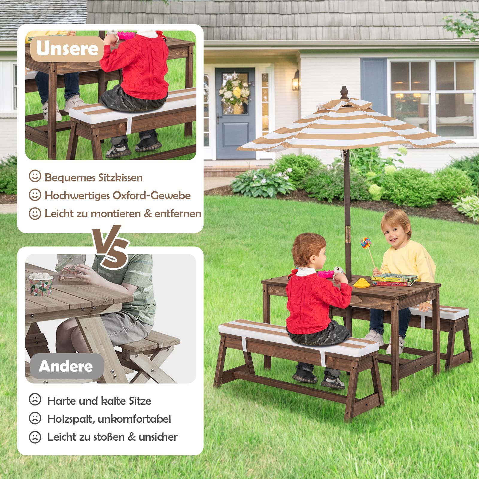 DREAMADE Kindersitzgruppe mit Sonnenschirm, Kinderpicknictisch mit 2 Bänke, Gartenmöbel für Kinder aus Tannenholz, Kinder Sitzbank für Outdoor & Indoor (Braun)