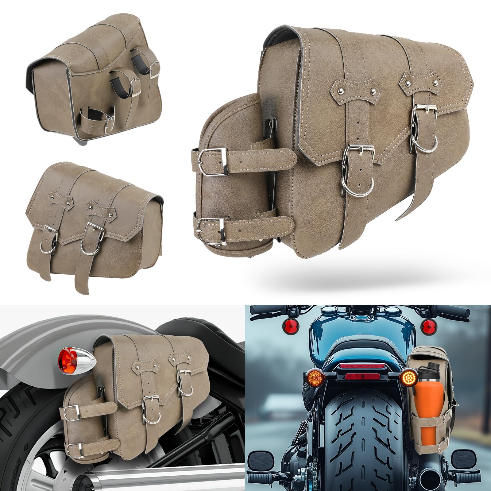 DREAMIZER Borse Moto Laterali in Pelle Sintetica Borsa da Sella Universale con tasca per Borraccia Accessori per Moto Impermeabili Compatibile con Harley Honda Kawasaki Suzuki Yamaha