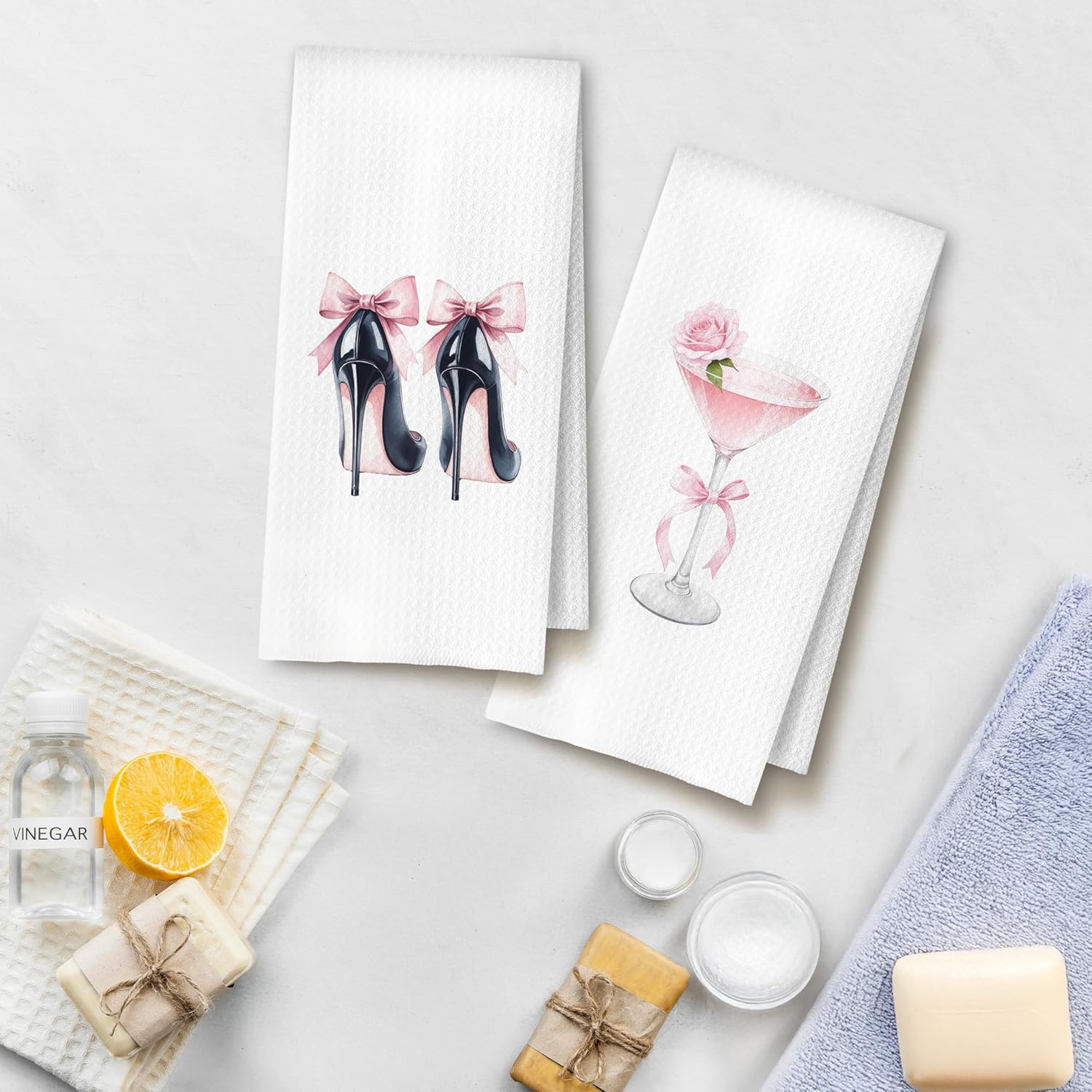 Pink and Black Bathroom Decor, Girly Preppy Pink Hand Towels, Coquette Bow Martini Paris Perfume High Heels Lipstick Decorative Hand Towels for Bathroom, 16x24 Inch Set of 4
