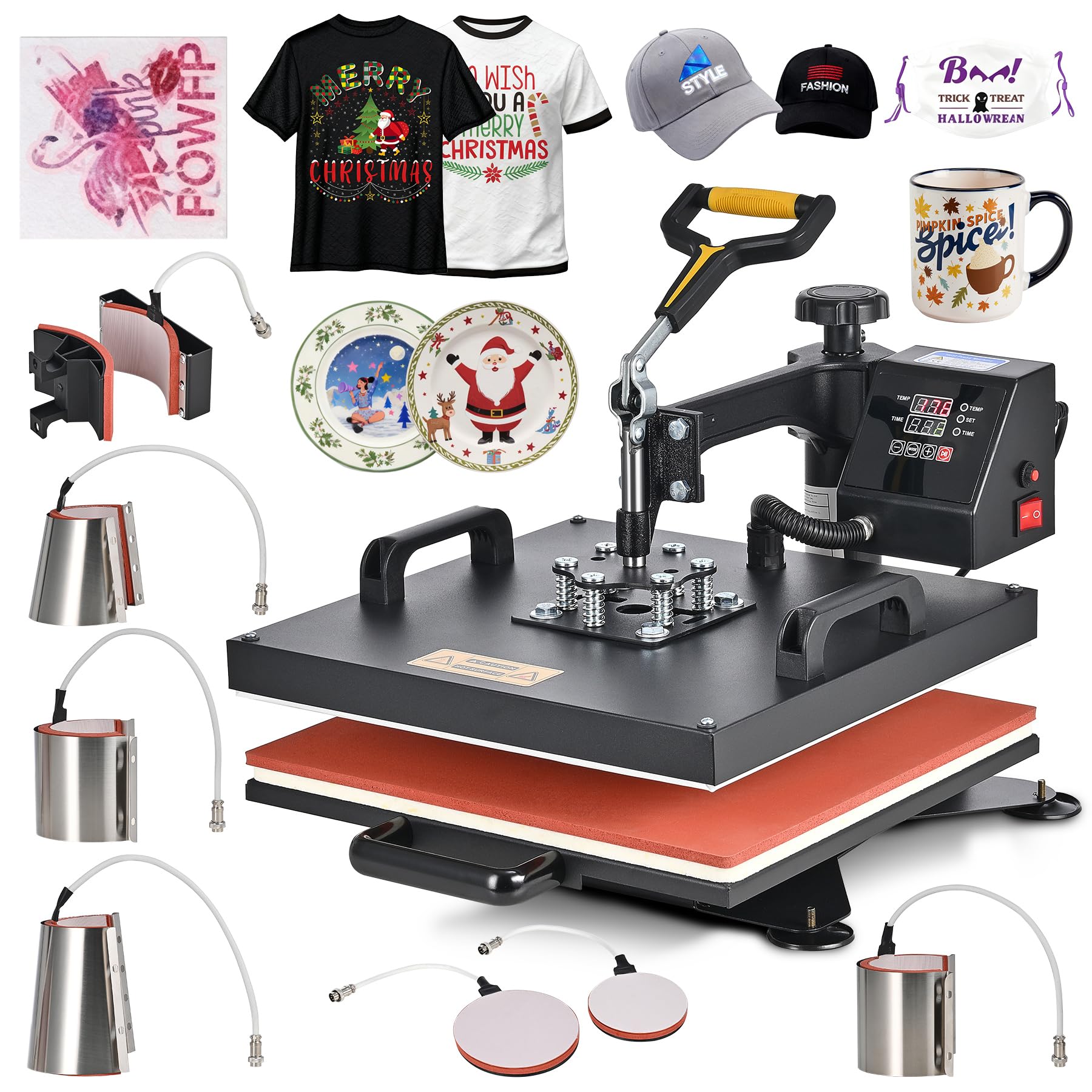 CREWORKS 8 IN1 Pressa a Caldo 38 X 38CM Pressa di Calore 1400W Termopressa Macchina per Sublimazione Digitale Rotazione a 360 Gradi Pressa a Caldo per Magliette Cappellini T-Shirt Tazze Piatti