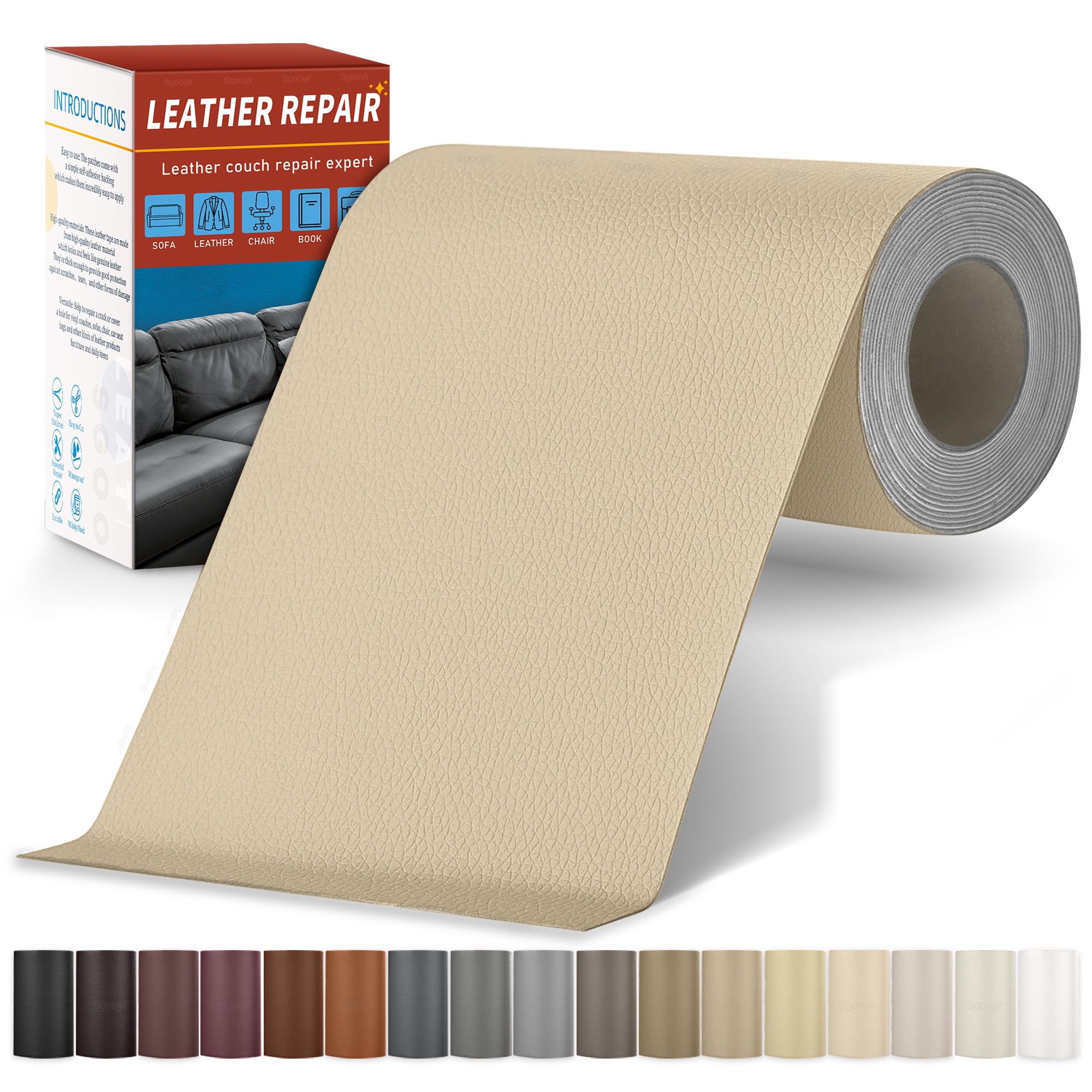 Sgooyir Leder Reparatur Set, 10x200cm Kunstleder Selbstklebend, Kunstleder Reparaturset Flicken Selbstklebend Patch für Autositze, Sofa, Jacken, couch, Möbel Beige
