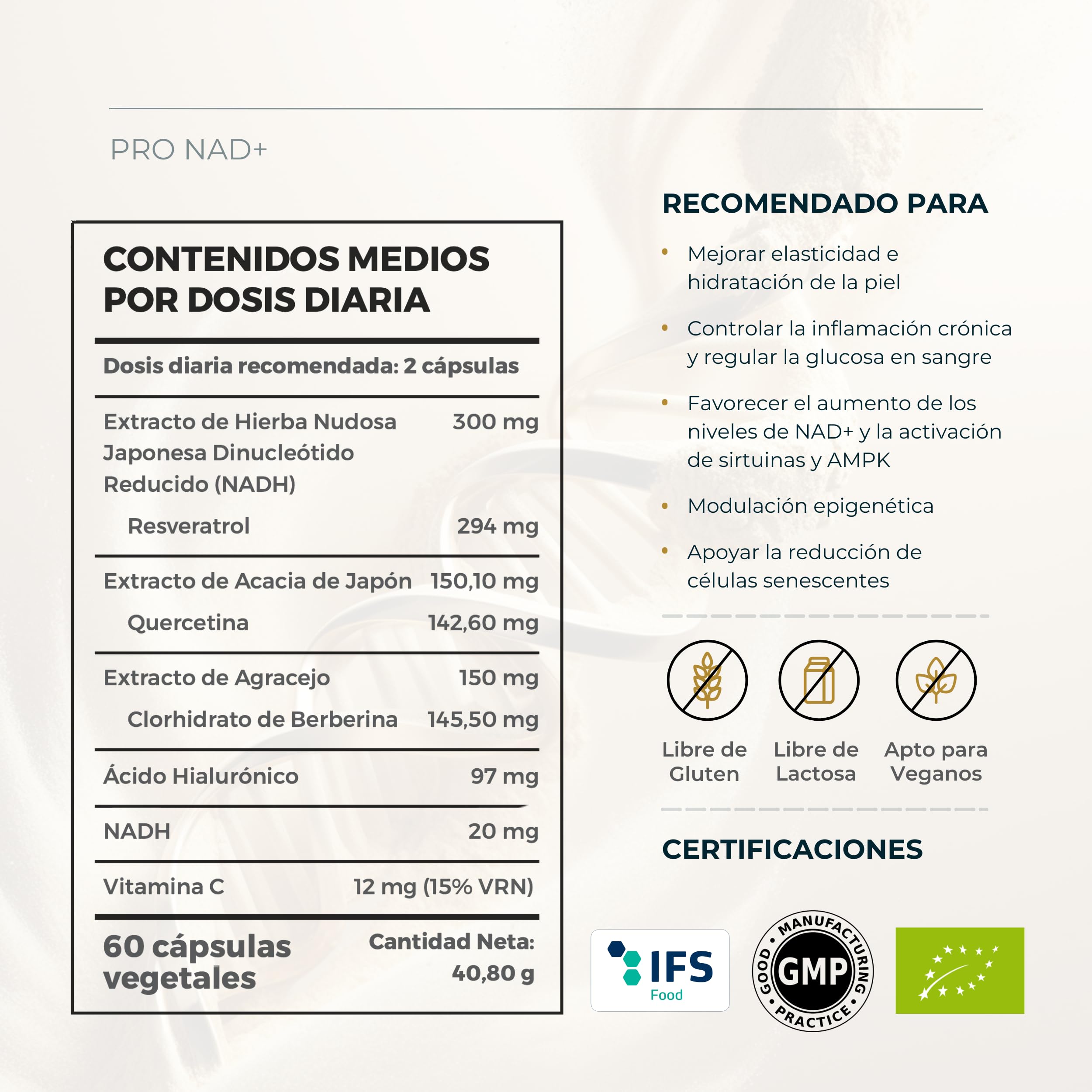 Pro NAD+ | Con NADH, Resveratrol y Vitamina C, Fórmula Completa con Quercetina, Berberina y Ácido Hialurónico | 60 Cápsulas Veganas, Fabricado en España