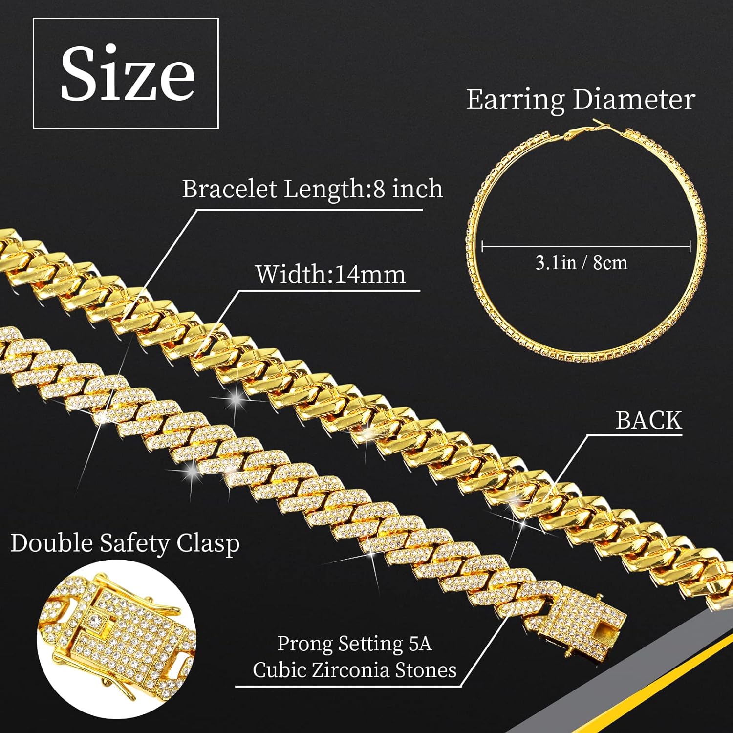 Batiyeer 3 Pcs Cuban Link Chain Necklace Bracelet Rhinestone Hoop Earrings Bling Crystal Hip Hop Jewelry for Women(16 Inch,Gold) - Image 3