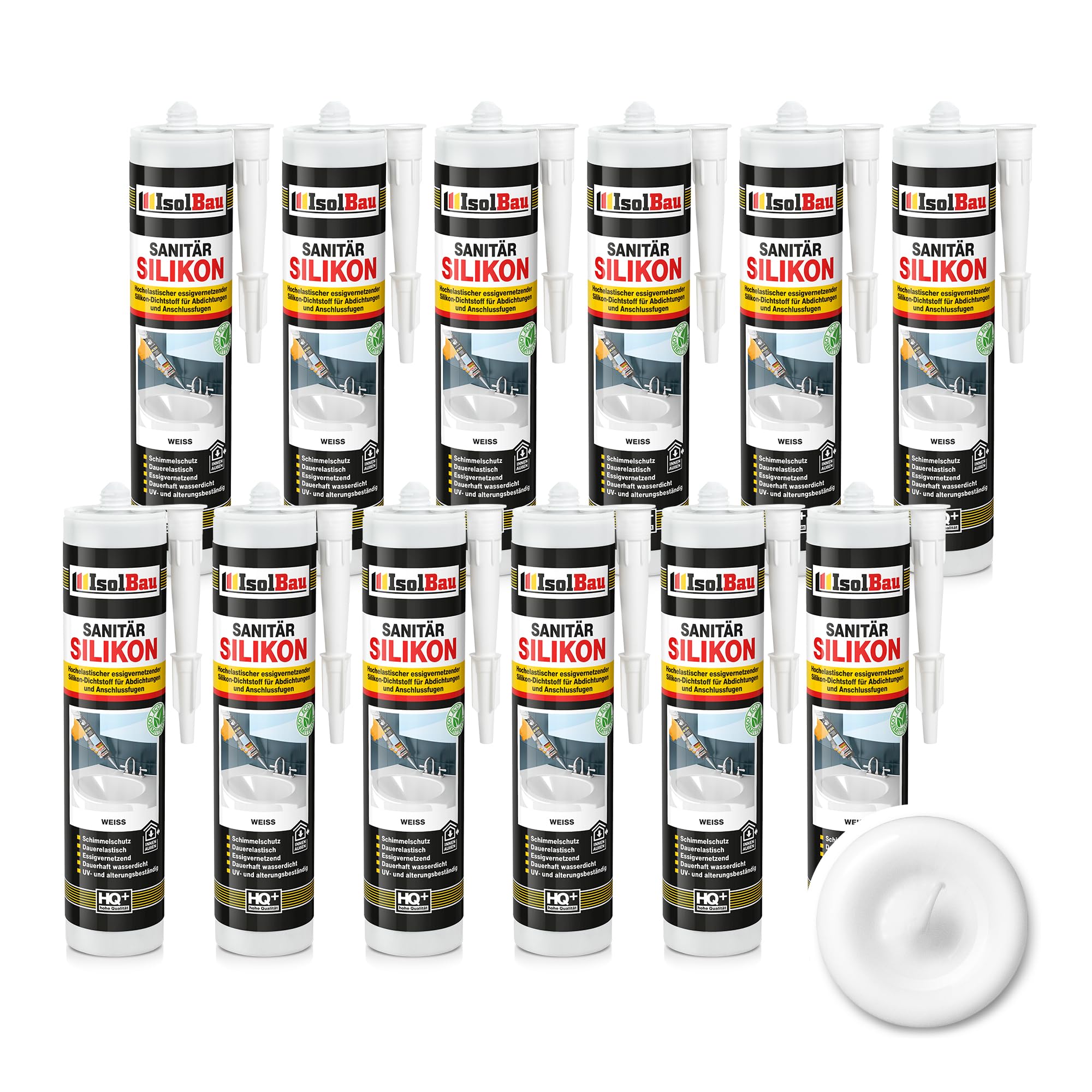 Isolbau Lot de 12 cartouches de silicone sanitaire - 300 ml - Blanc - Mastic en silicone hautement élastique pour joints et joints - Résistant à la moisissure et imperméable