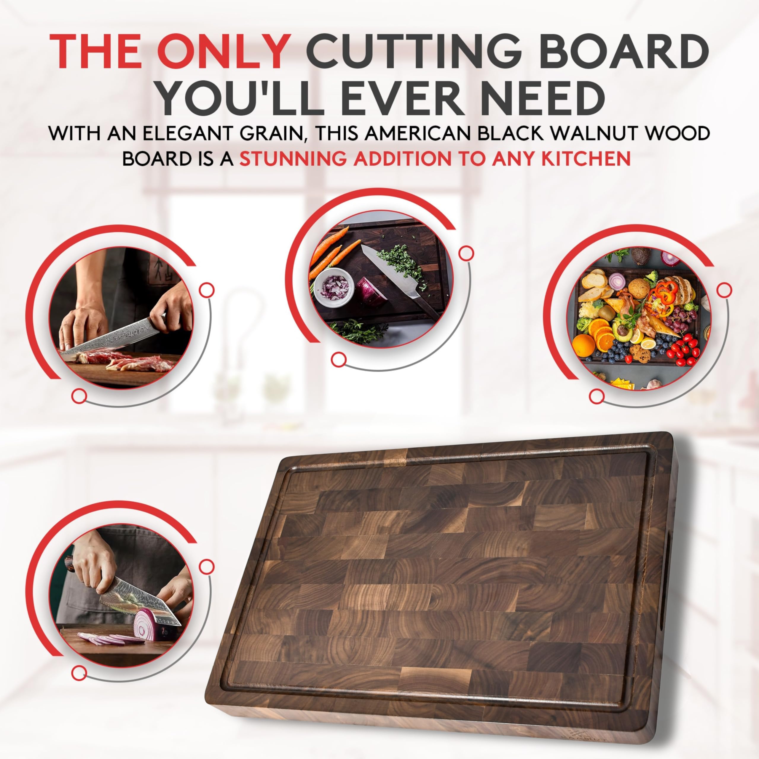 Tagliere di lusso in legno di punta massiccia in noce nero nordamericano – extra spesso e durevole – 45 × 30 × 4 cm – Rigola per succhi e manici – piedini antiscivolo – confezione regalo