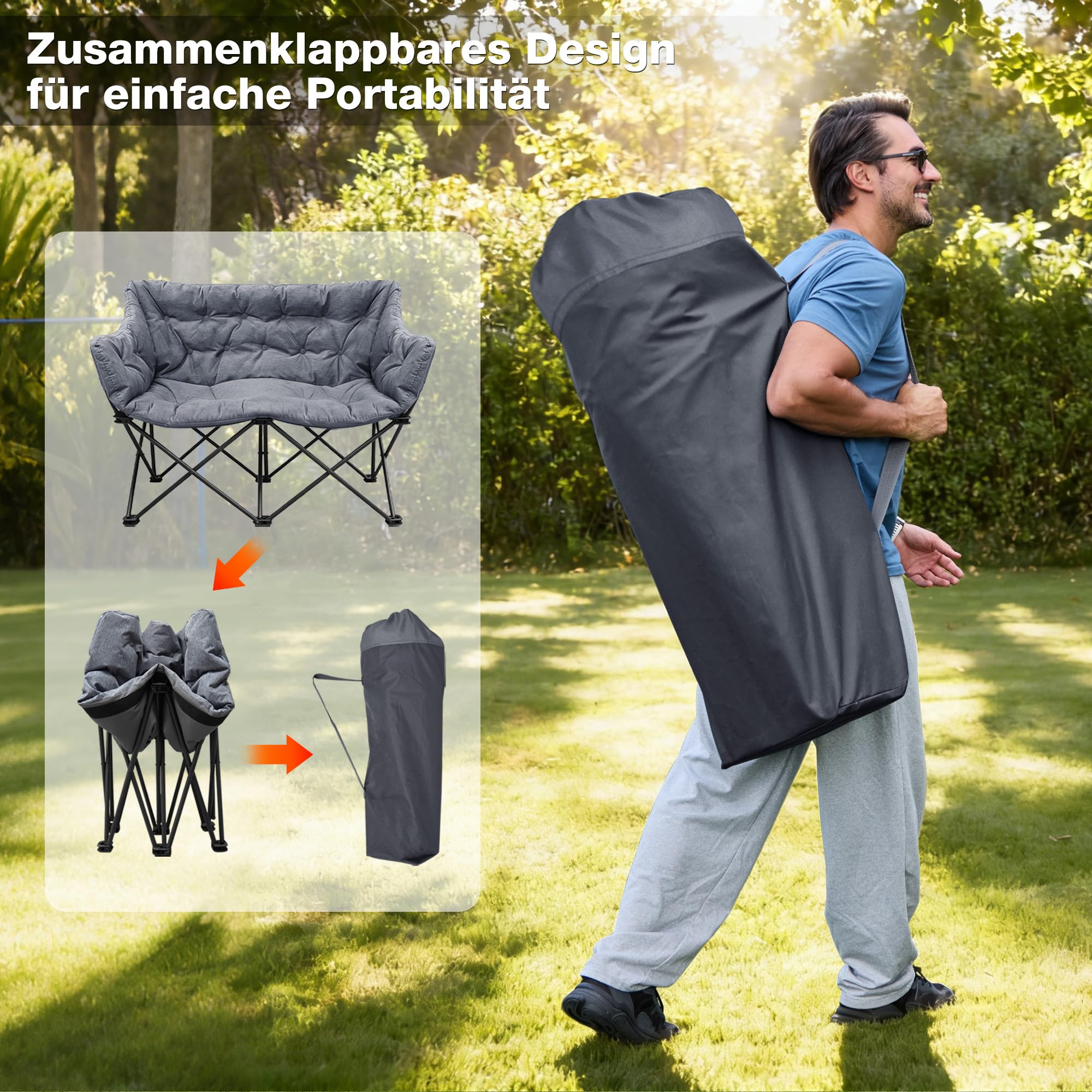 Podwójne krzesło kempingowe, składane, sofa kempingowa dla 2 osób, 320 kg, tapicerowane krzesło kempingowe, sofa kempingowa z 2-osobowym siedziskiem, do użytku wewnątrz i na zewnątrz