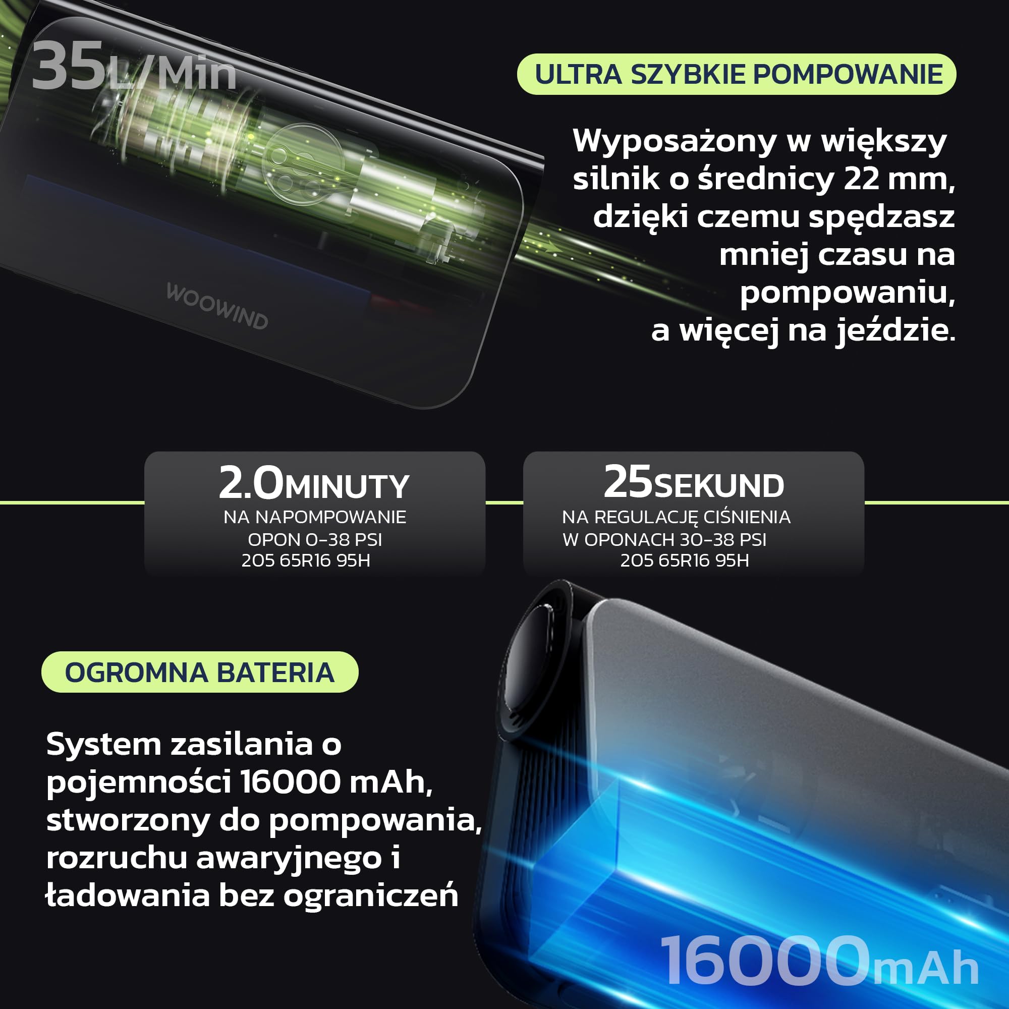 Wooowind Bora Plus 3w1 Przenośny Kompresor do Opon 150PSI | Rozrusznik awaryjny, pompka opon, powerbank, auto wyłączanie, LED, manometr, dysze, 10,3 BAR