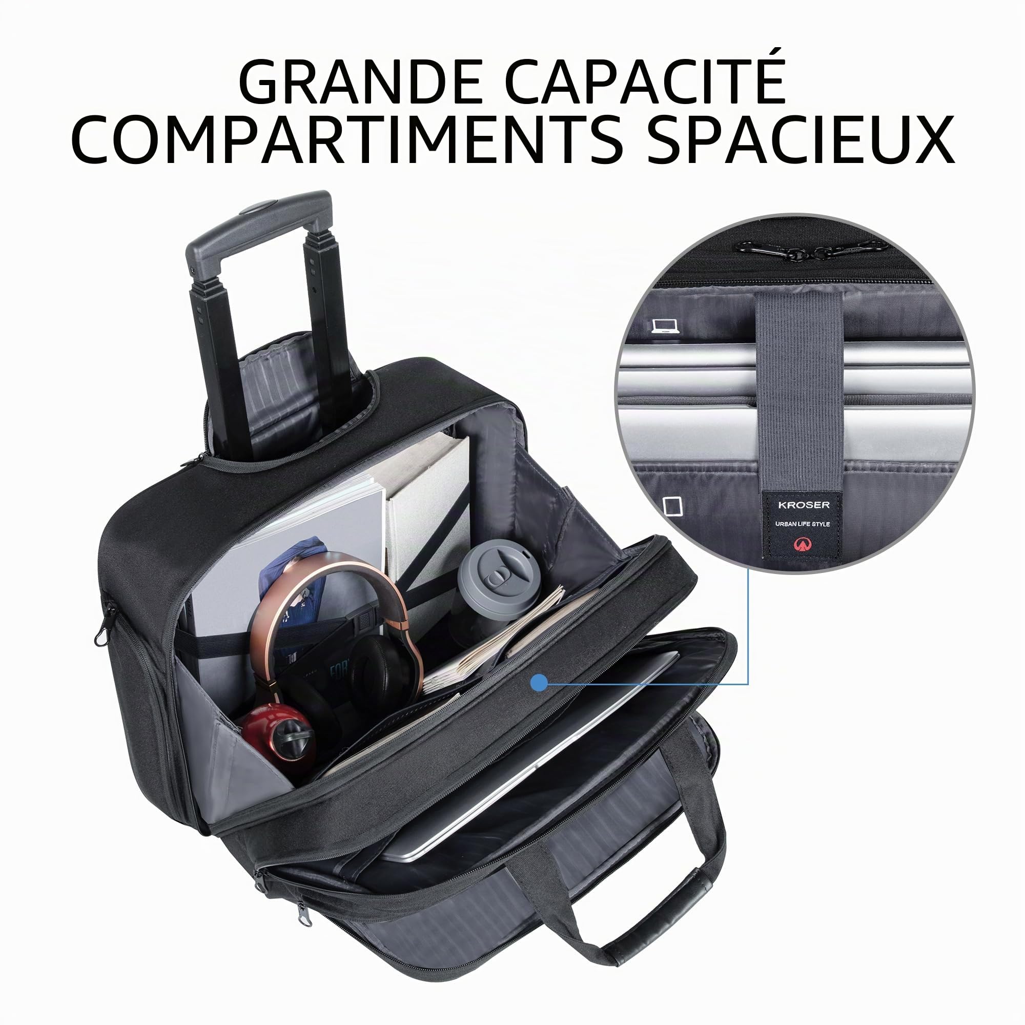 KROSER Mallettes à roulettes pour Ordinateur Portable Sacoche à roulettes 17,3 Pouces Imperméable Trolley Ordinateur Professionnel avec Poches RFID pour Hommes/Femmes Rolling Laptop Bag